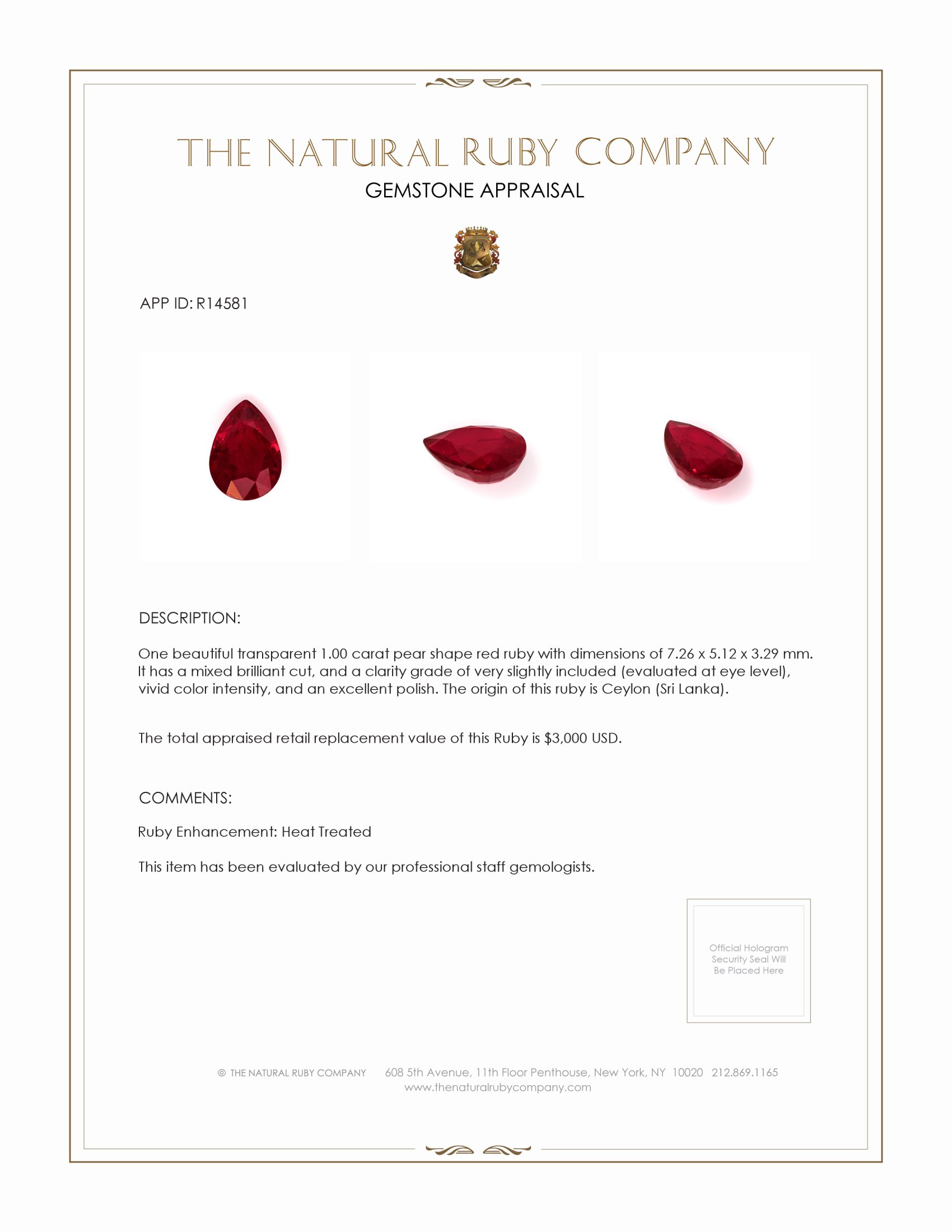 1.00 Ct. Ruby from Ceylon (Sri Lanka)