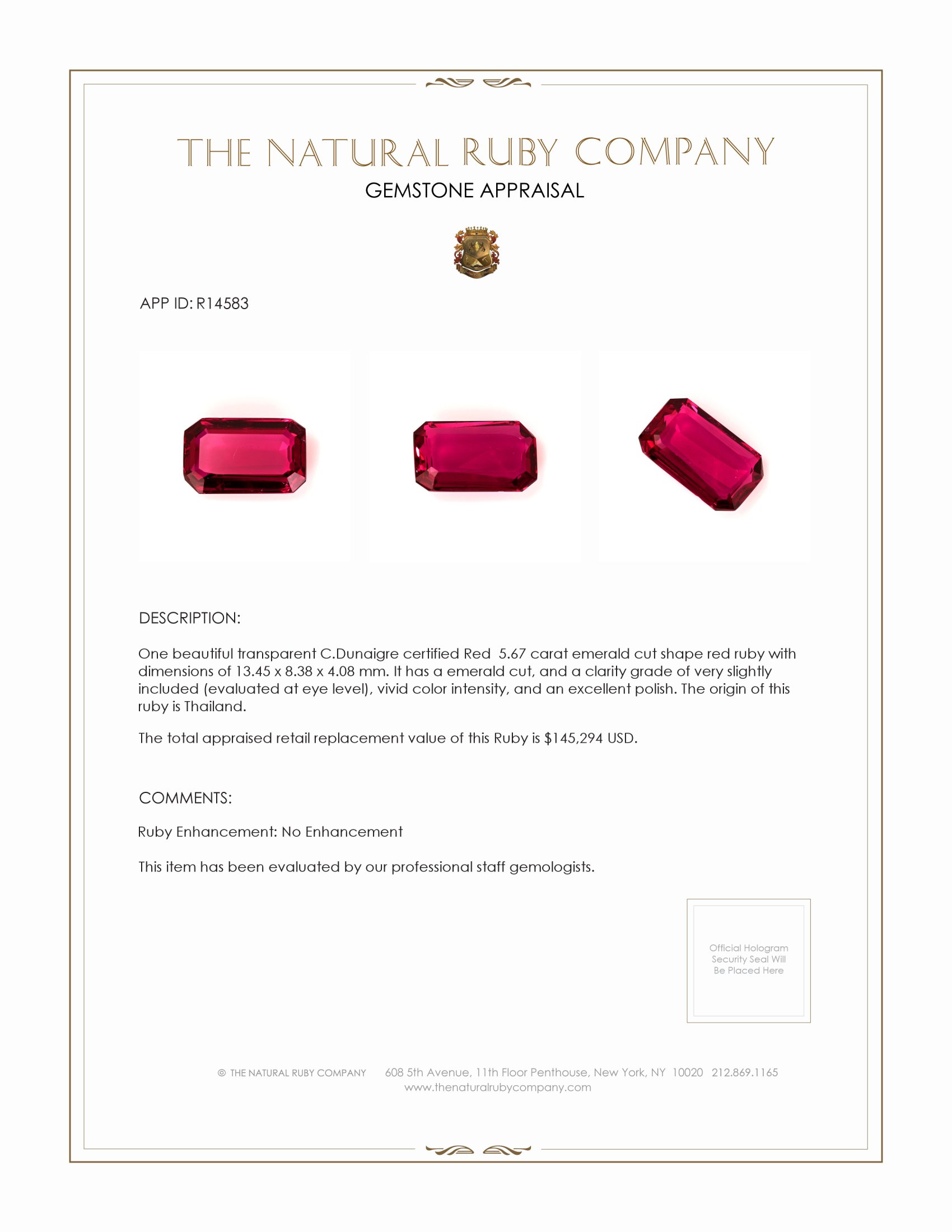 5.67 Ct. Ruby from Thailand