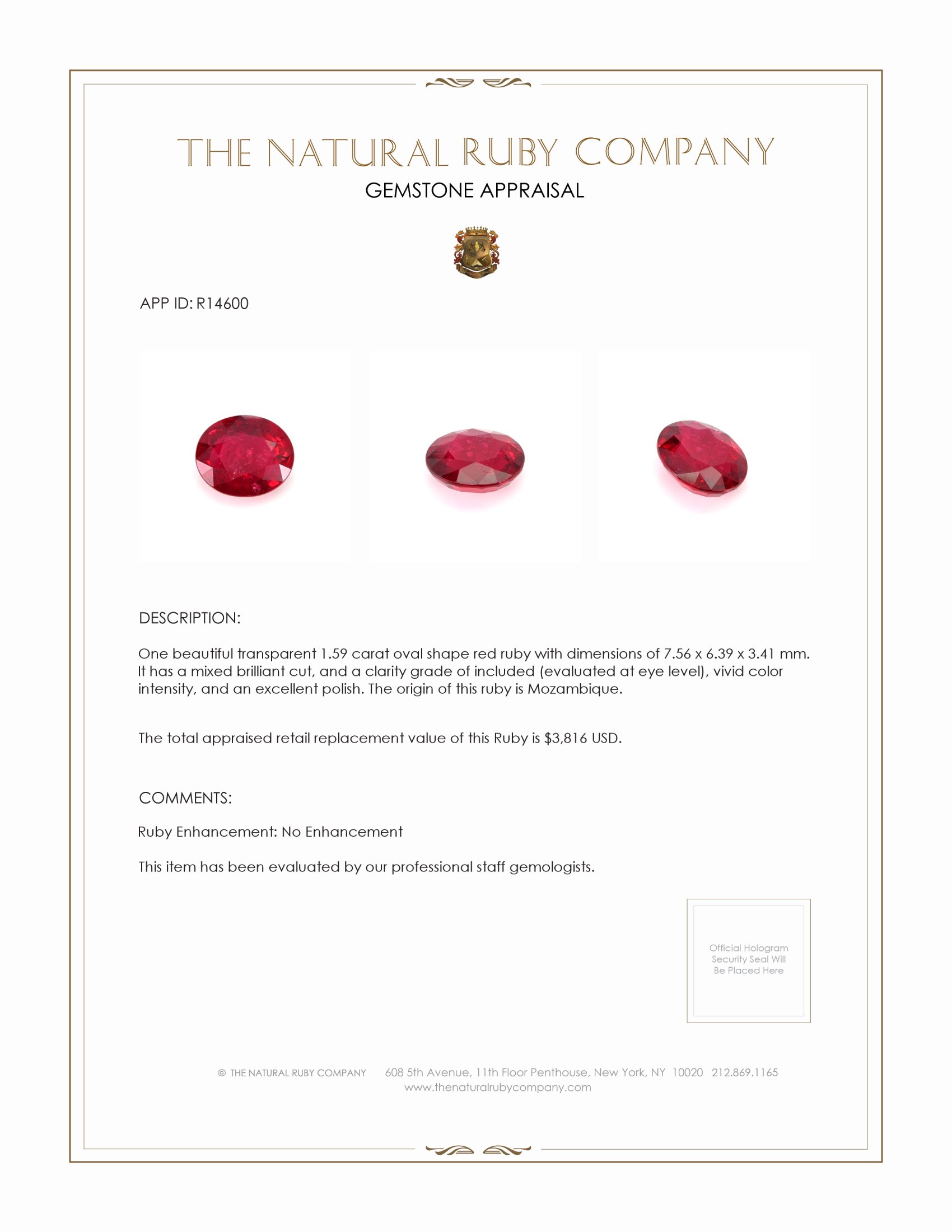 1.59 Ct. Ruby from Mozambique