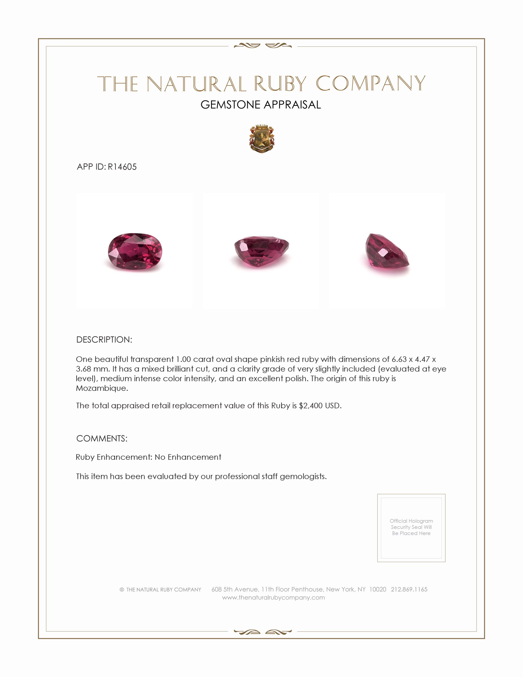 1.00 Ct. Ruby from Mozambique