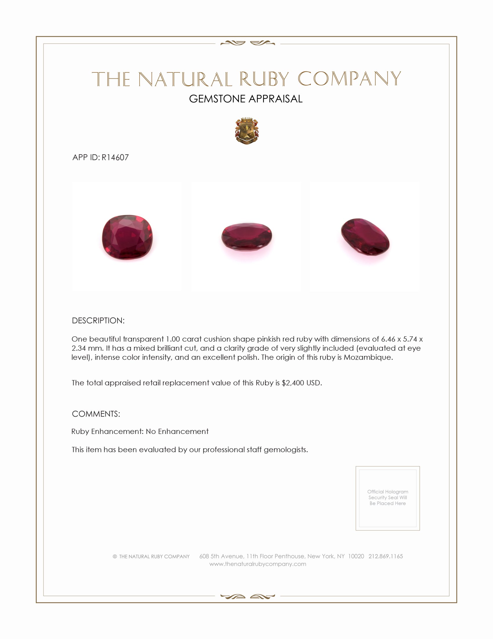 1.00 Ct. Ruby from Mozambique