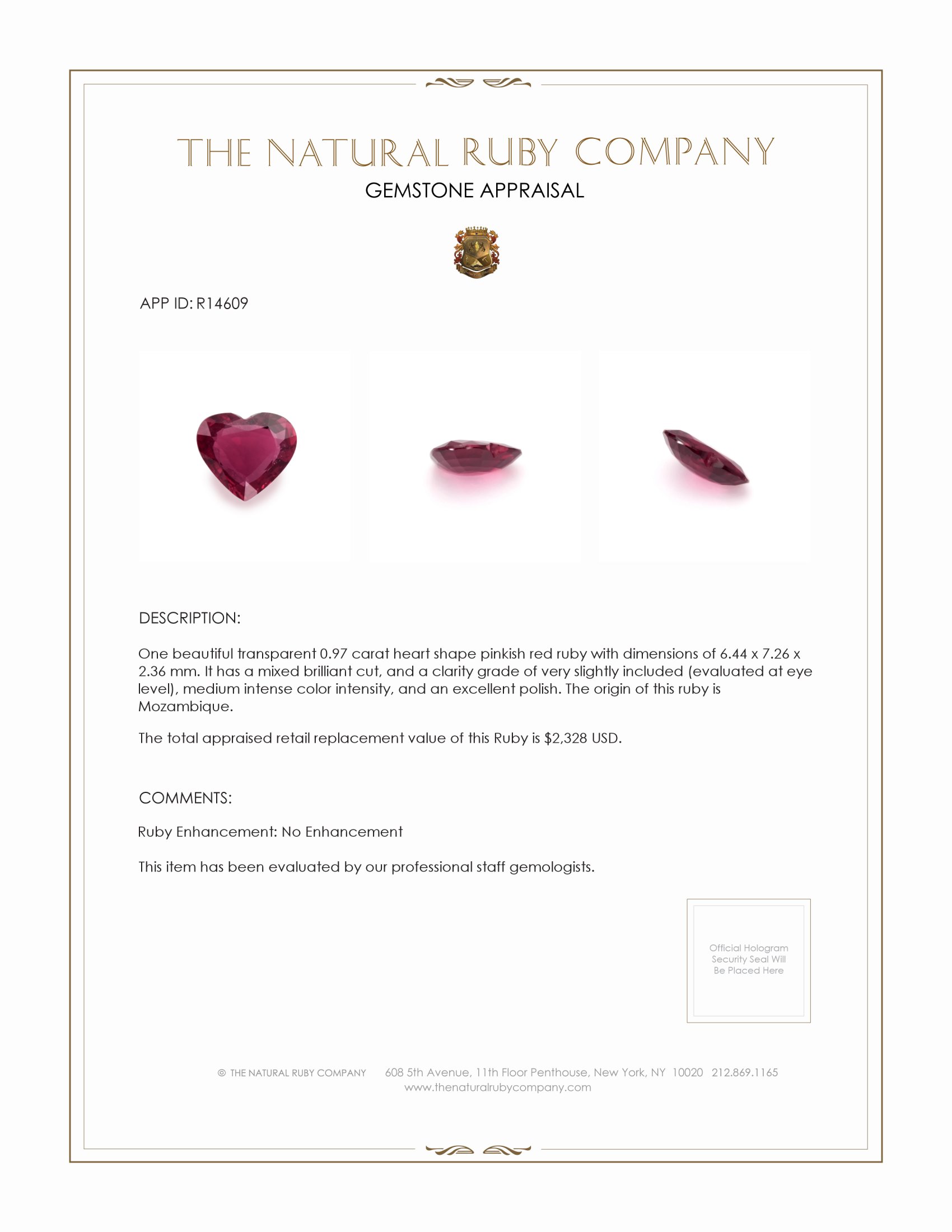 0.97 Ct. Pinkish Red Ruby from Mozambique
