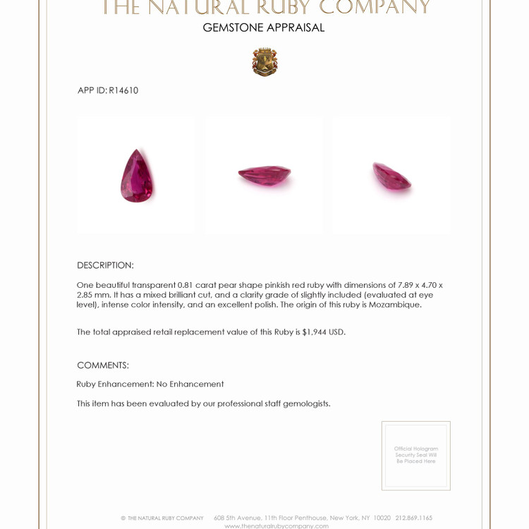 0.81 Ct. Ruby from Mozambique