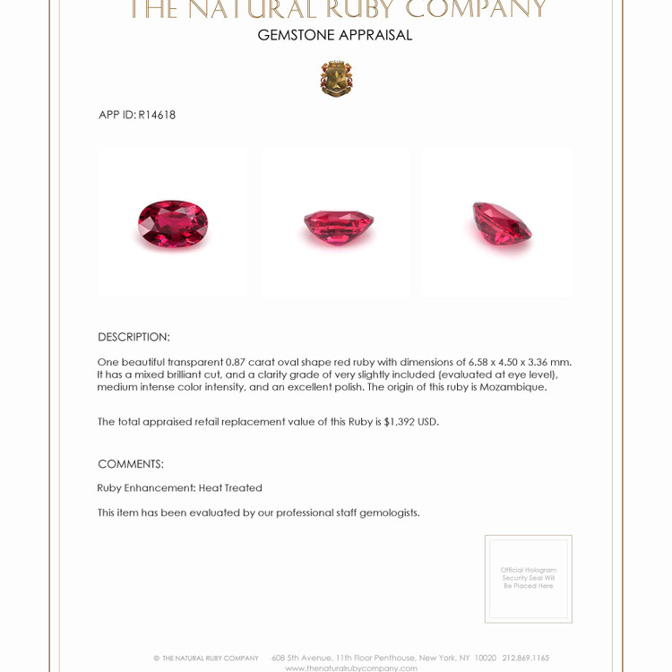 0.87 Ct. Ruby from Mozambique