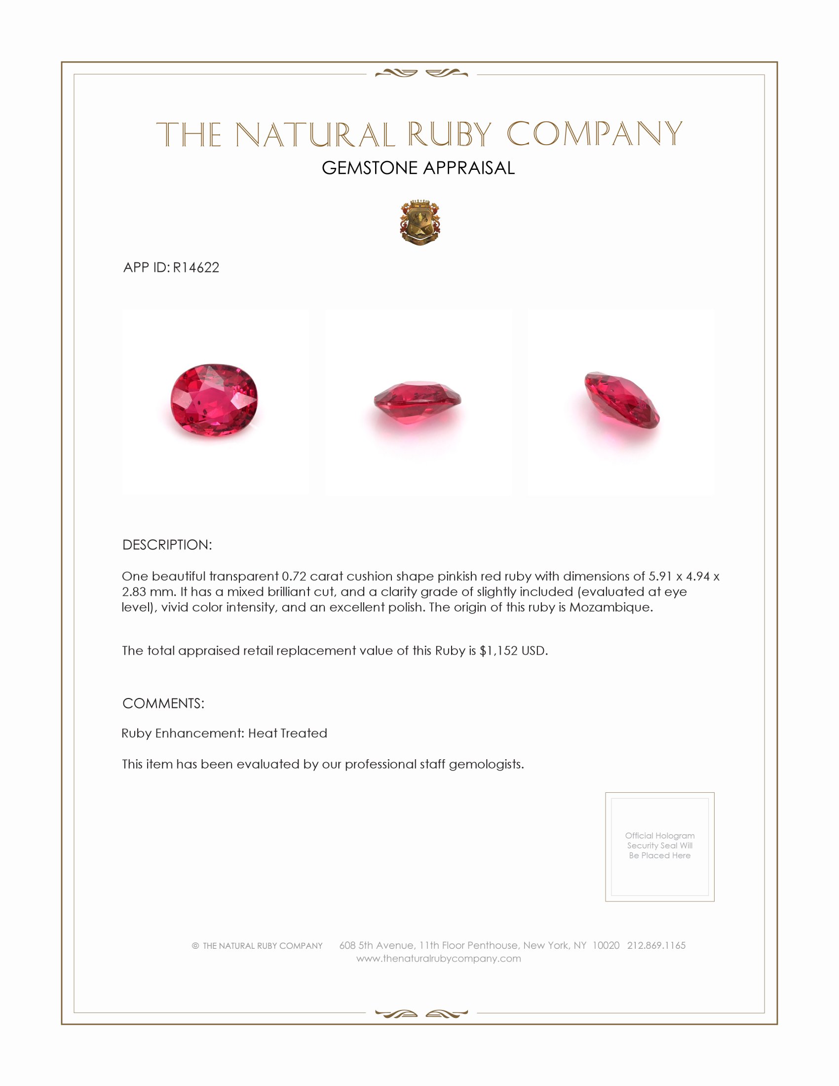 0.72 Ct. Ruby from Mozambique