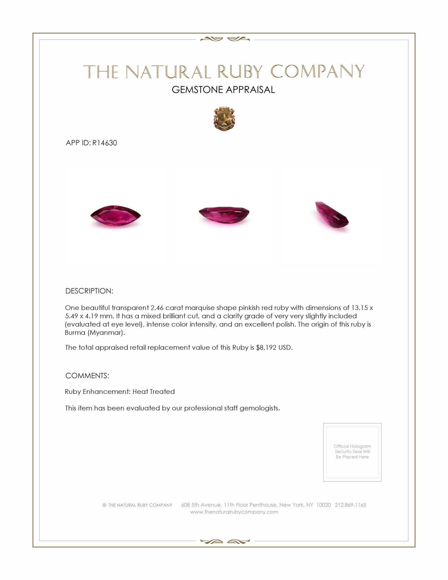 2.46 Ct. Ruby from Burma (Myanmar)