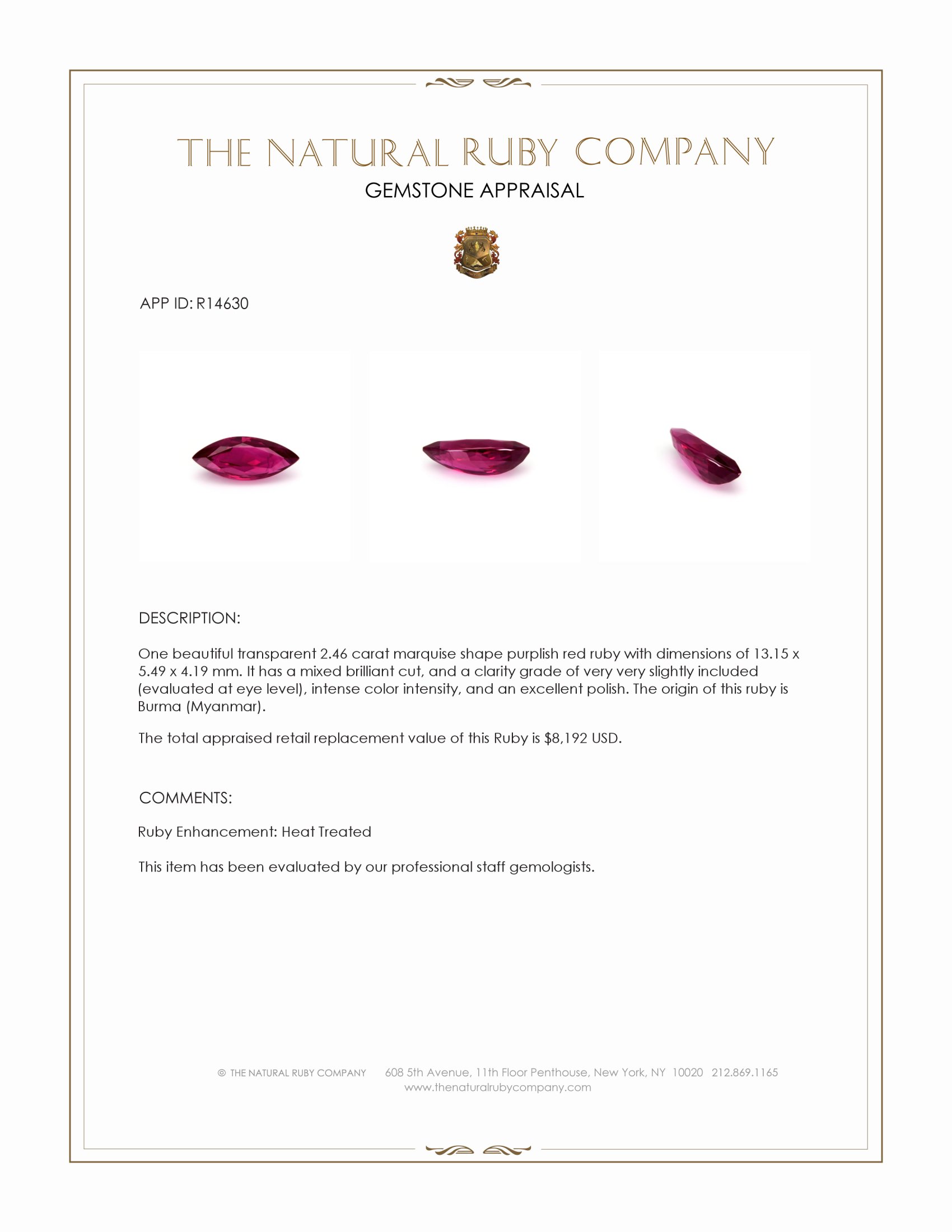 2.46 Ct. Purplish Red Ruby from Burma (Myanmar)