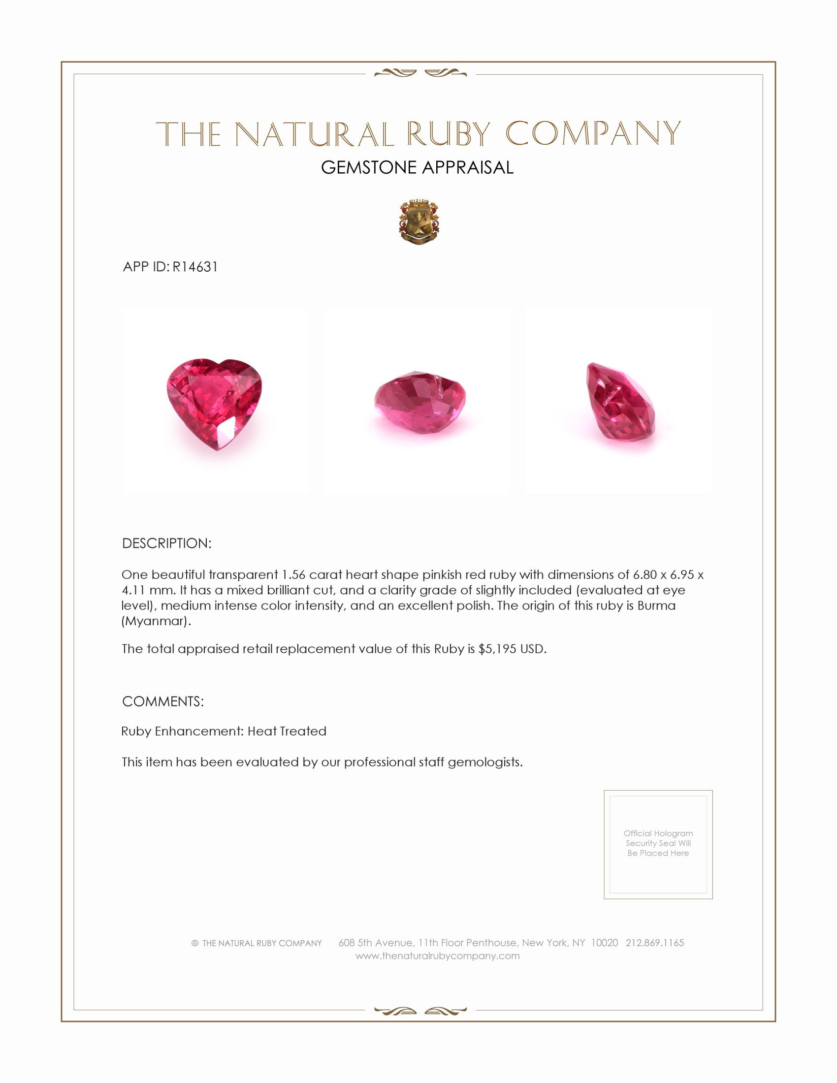 1.56 Ct. Ruby from Burma (Myanmar)