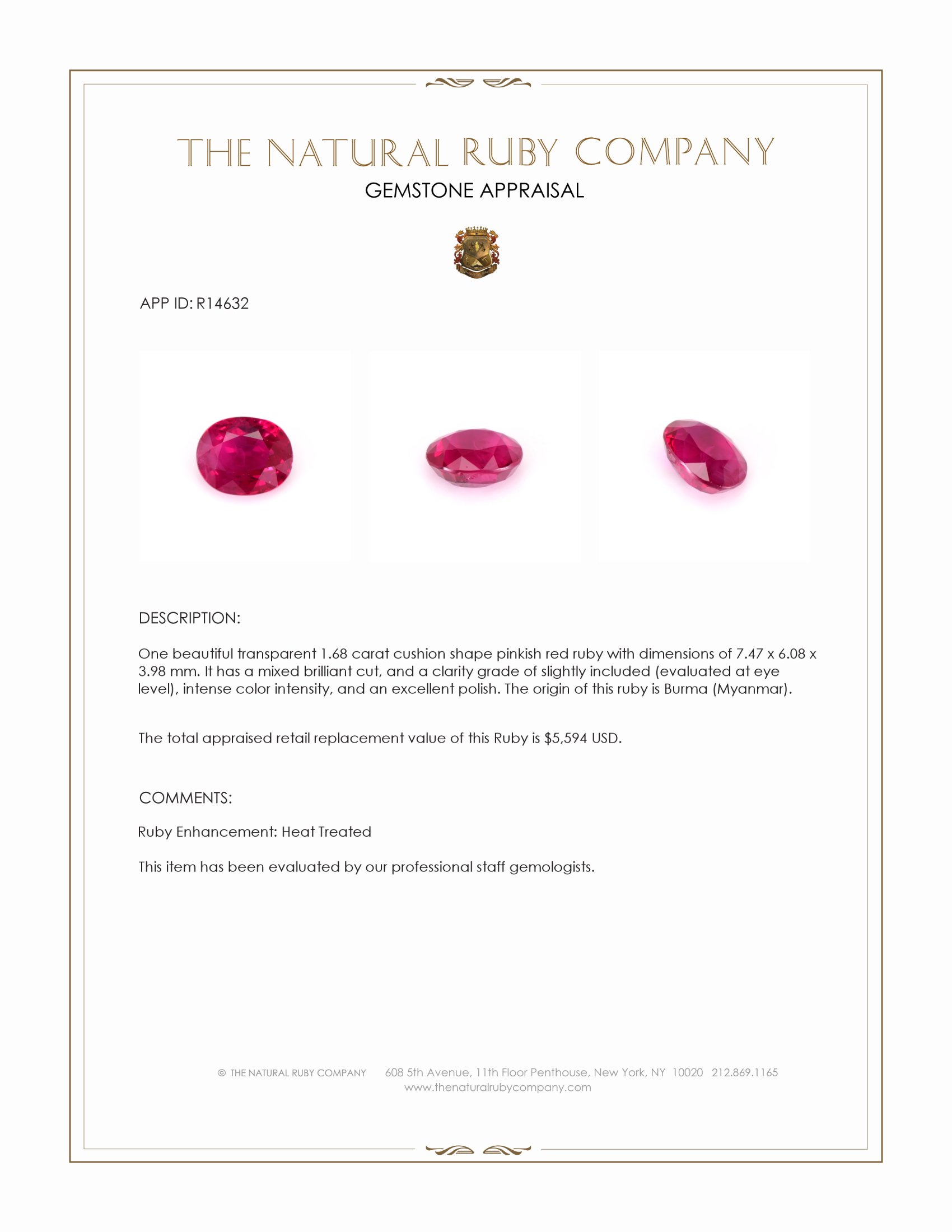 1.68 Ct. Pinkish Red Ruby from Burma (Myanmar)