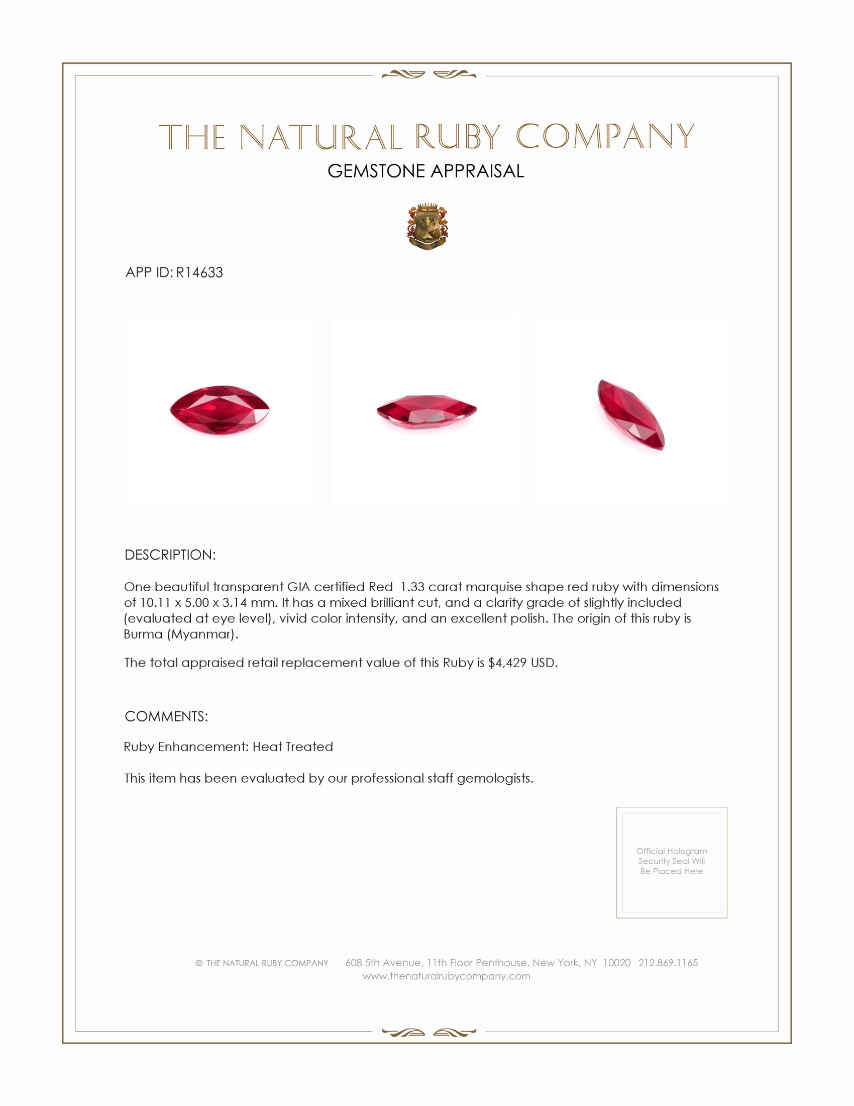 1.33 Ct. Ruby from Burma (Myanmar)