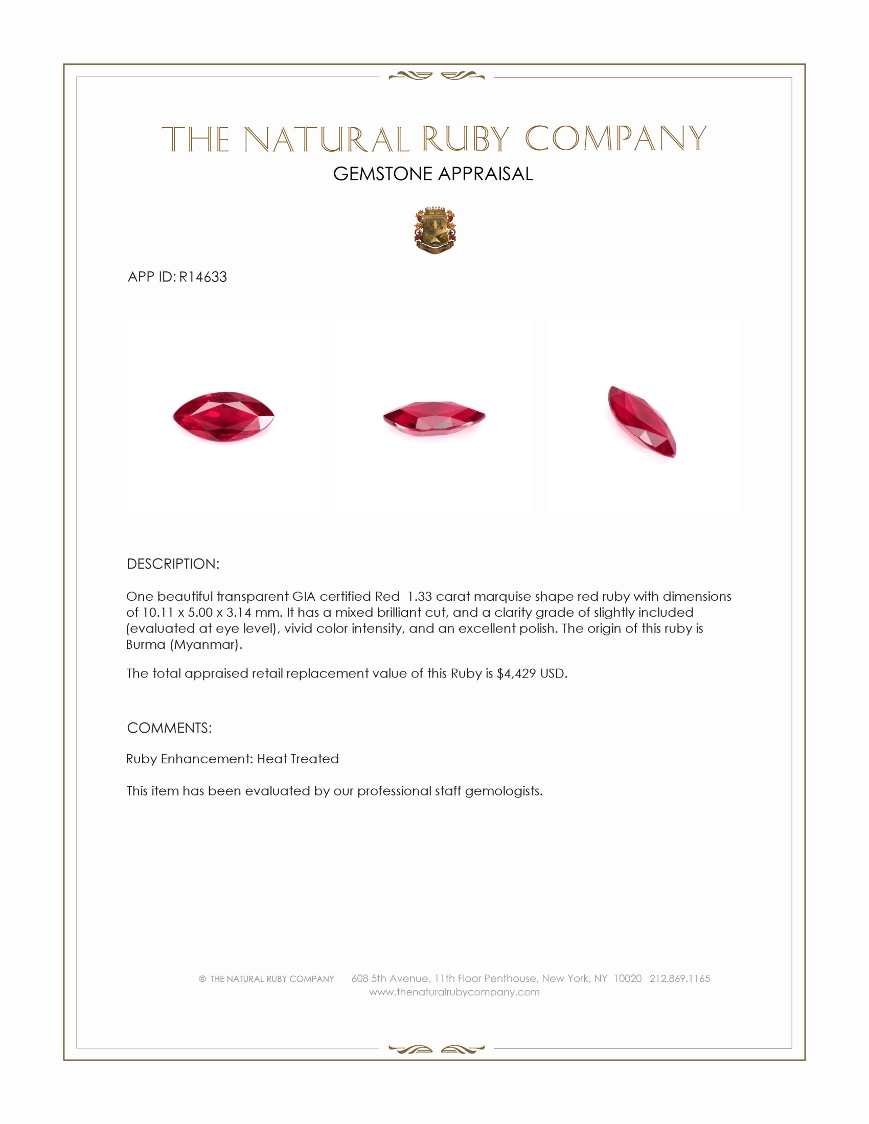 1.33 Ct. Ruby from Burma (Myanmar)