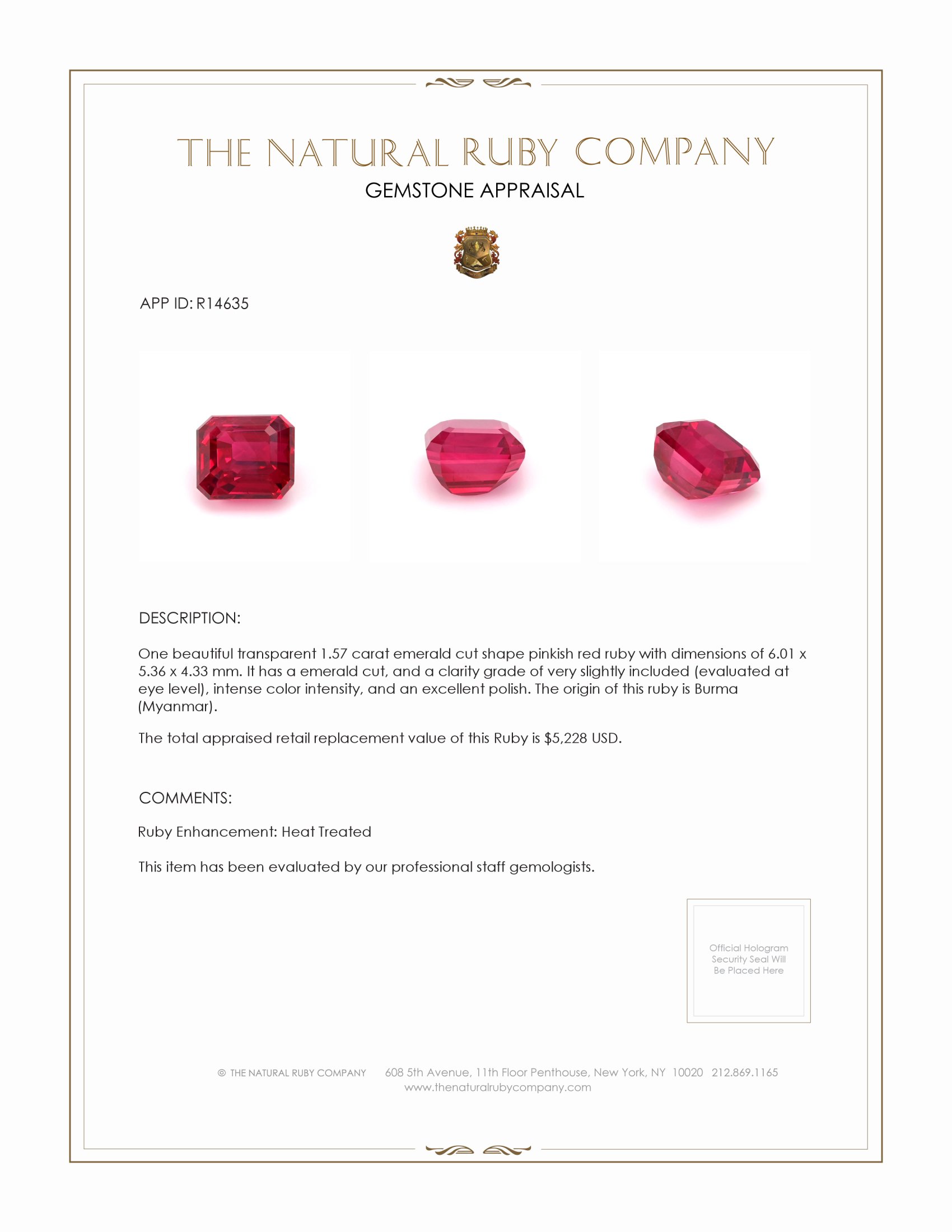 1.57 Ct. Ruby from Burma (Myanmar)
