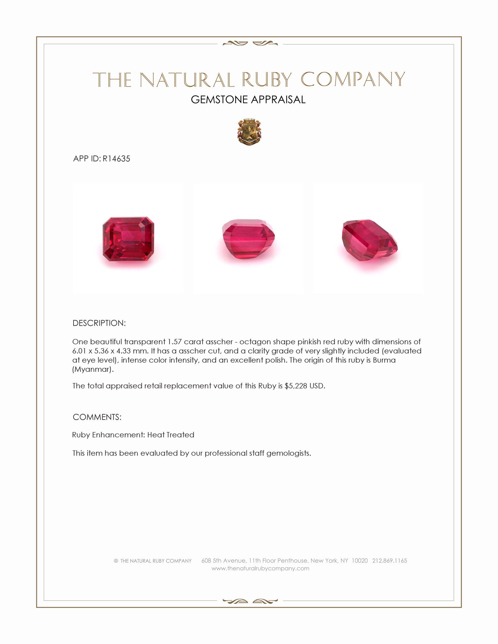 1.57 Ct. Pinkish Red Ruby from Burma (Myanmar)