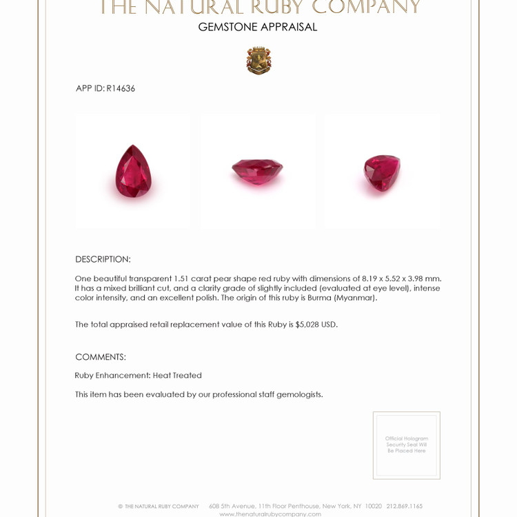1.51 Ct. Ruby from Burma (Myanmar)