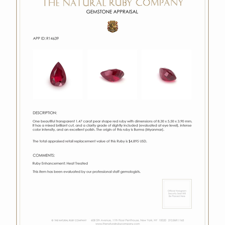 1.47 Ct. Ruby from Burma (Myanmar)
