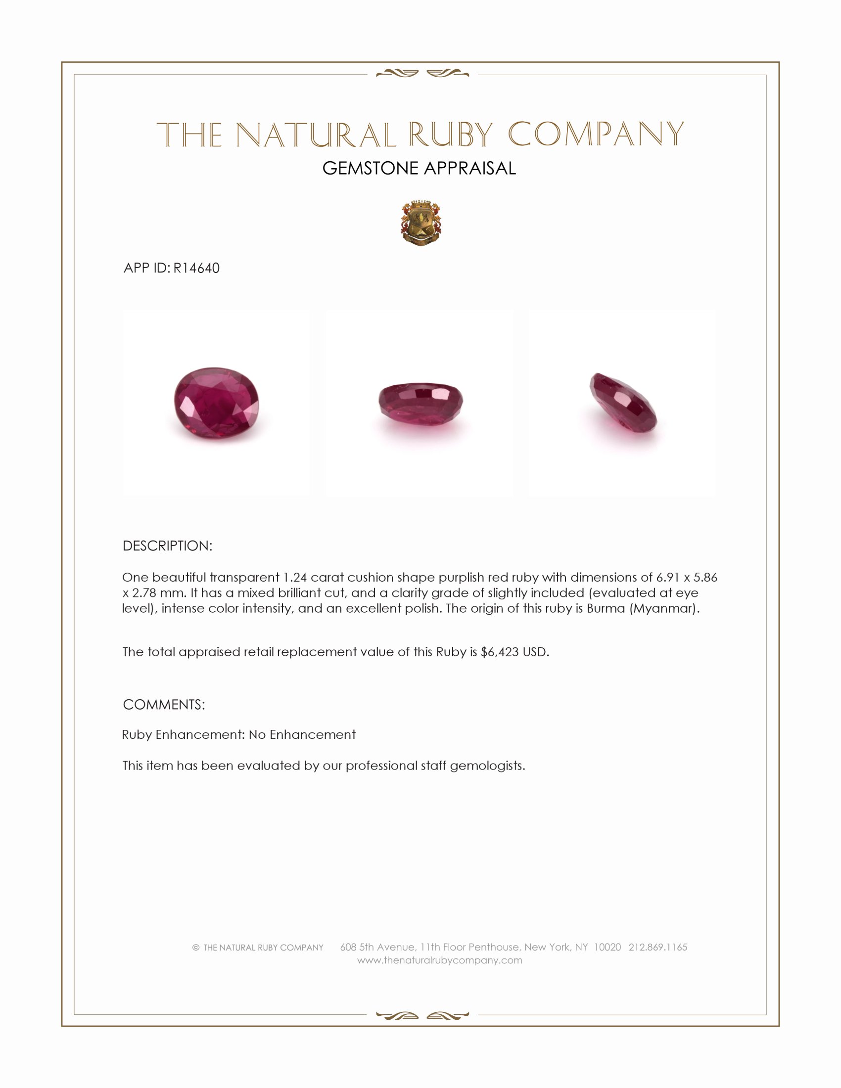 1.24 Ct. Purplish Red Ruby from Burma (Myanmar)