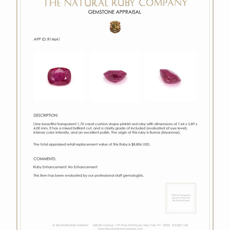 1.70 Ct. Ruby from Burma (Myanmar)