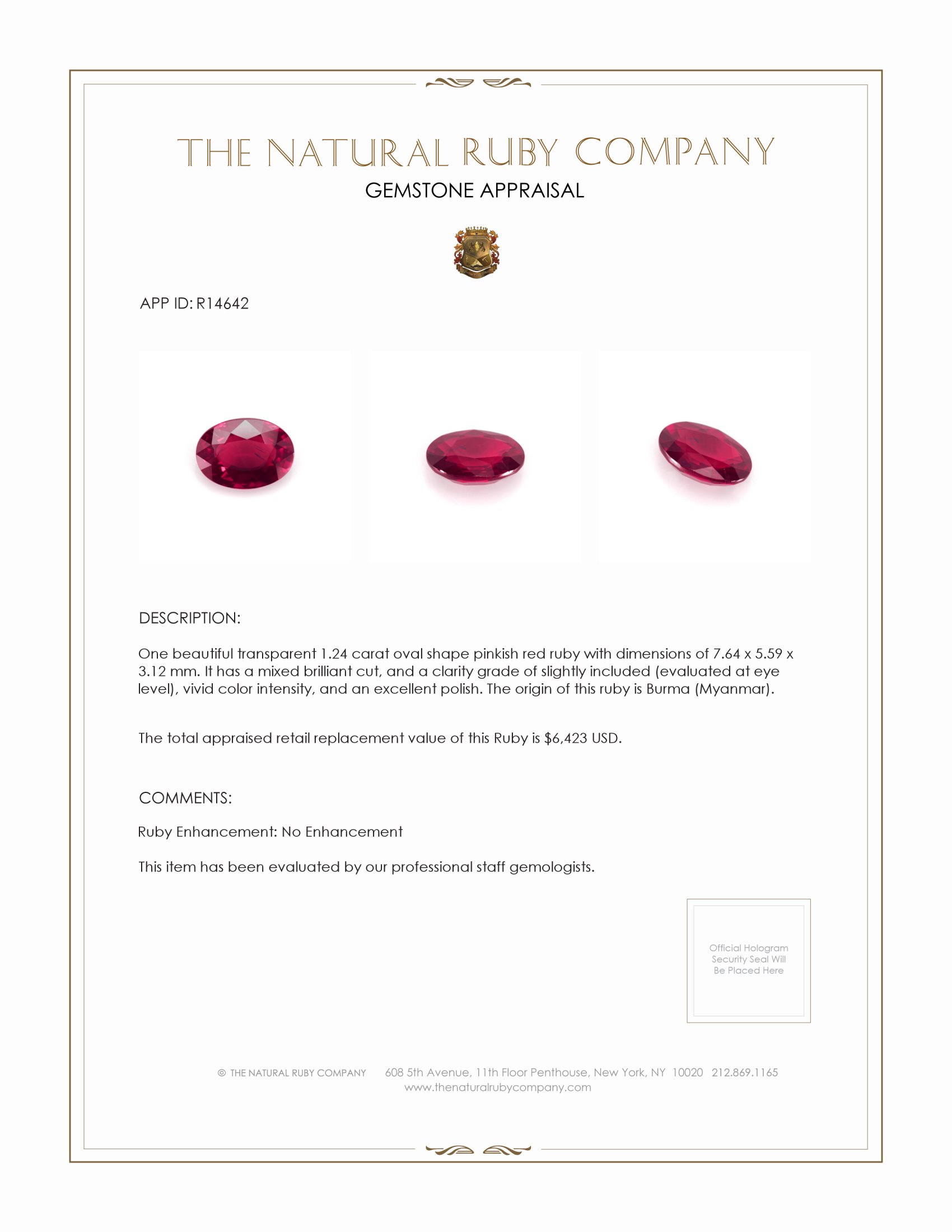 1.24 Ct. Ruby from Burma (Myanmar)