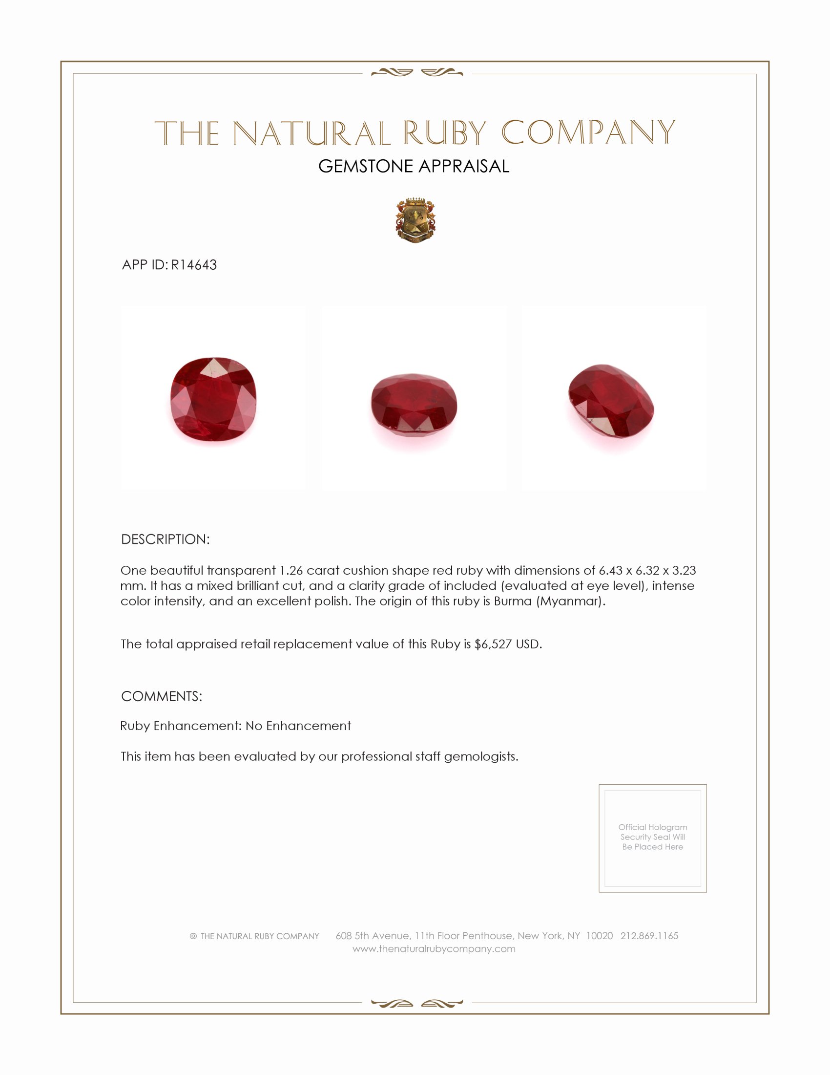 1.26 Ct. Ruby from Burma (Myanmar)