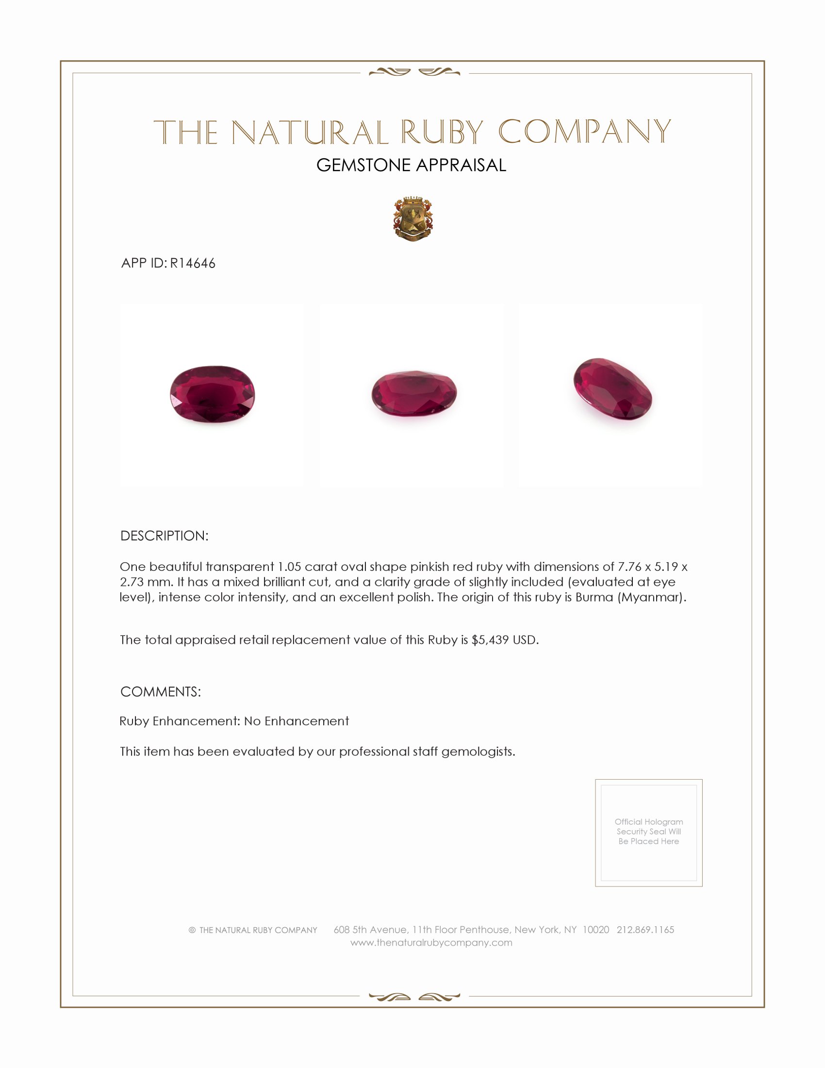 1.05 Ct. Ruby from Burma (Myanmar)