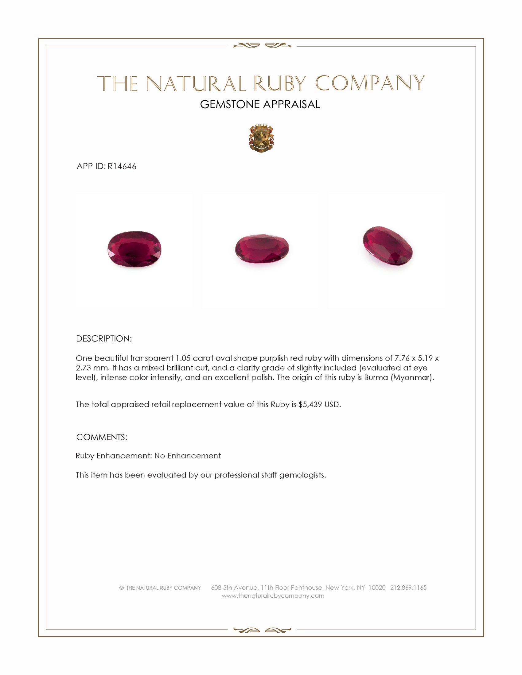 1.05 Ct. Purplish Red Ruby from Burma (Myanmar)