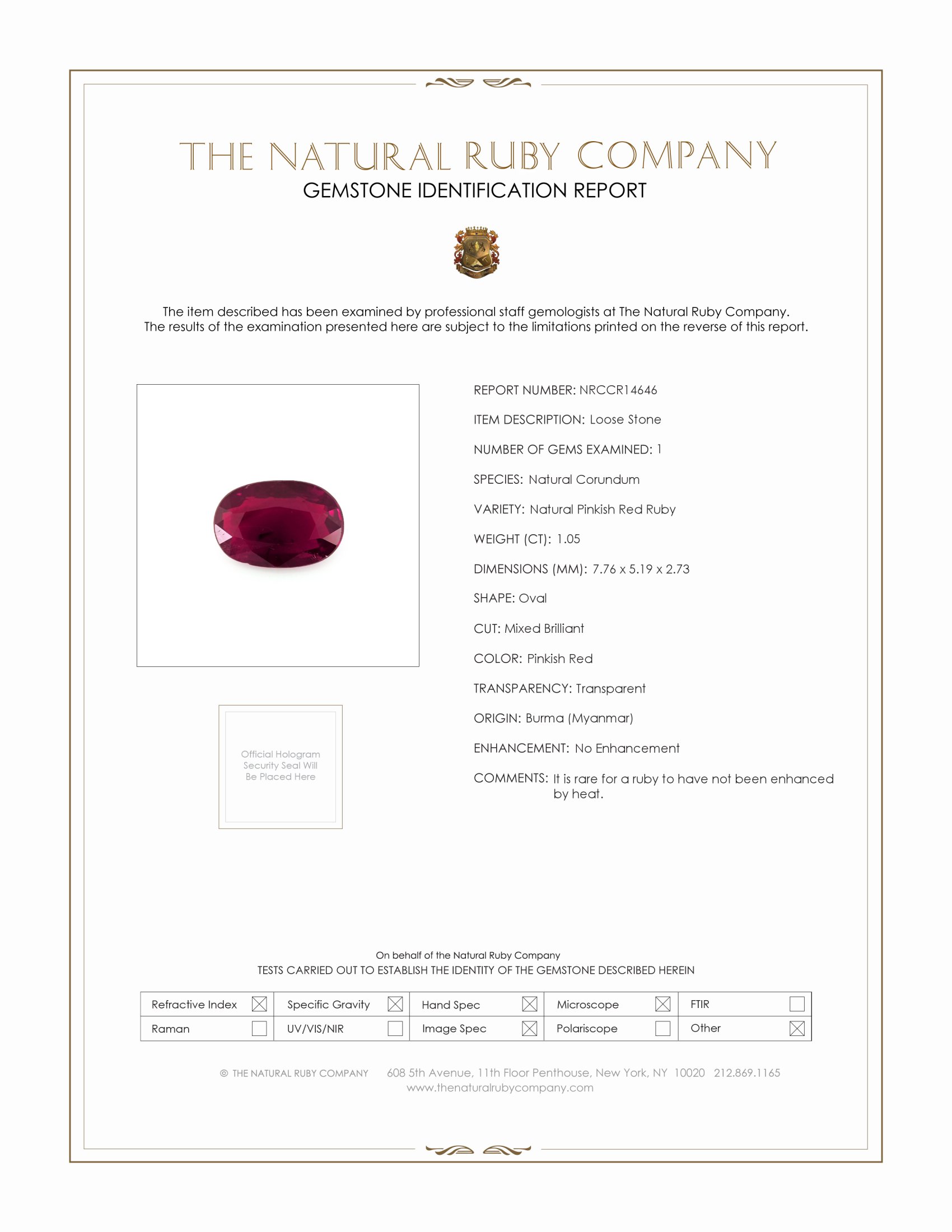 1.05 Ct. Purplish Red Ruby from Burma (Myanmar)