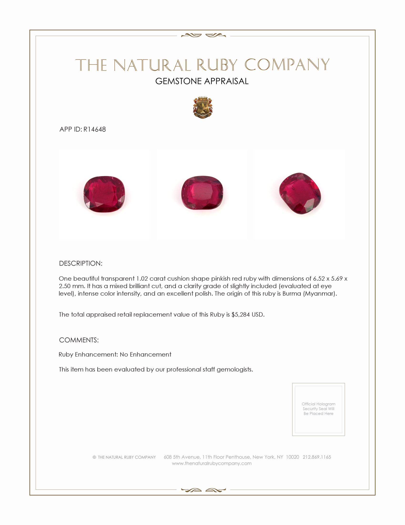 1.02 Ct. Ruby from Burma (Myanmar)