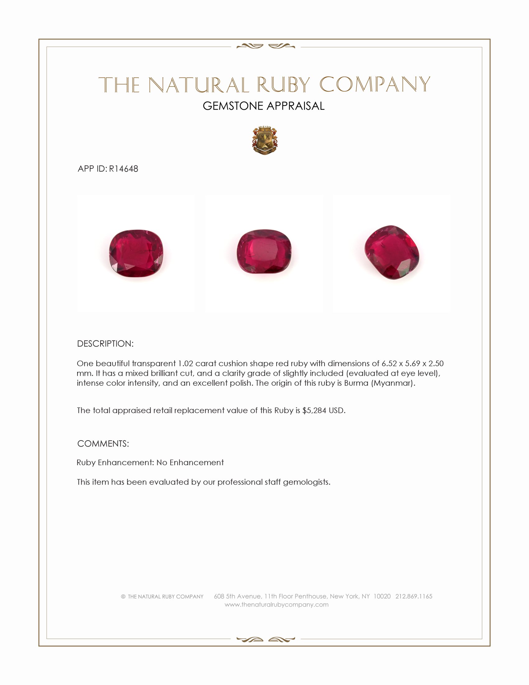 1.02 Ct. Ruby from Burma (Myanmar)