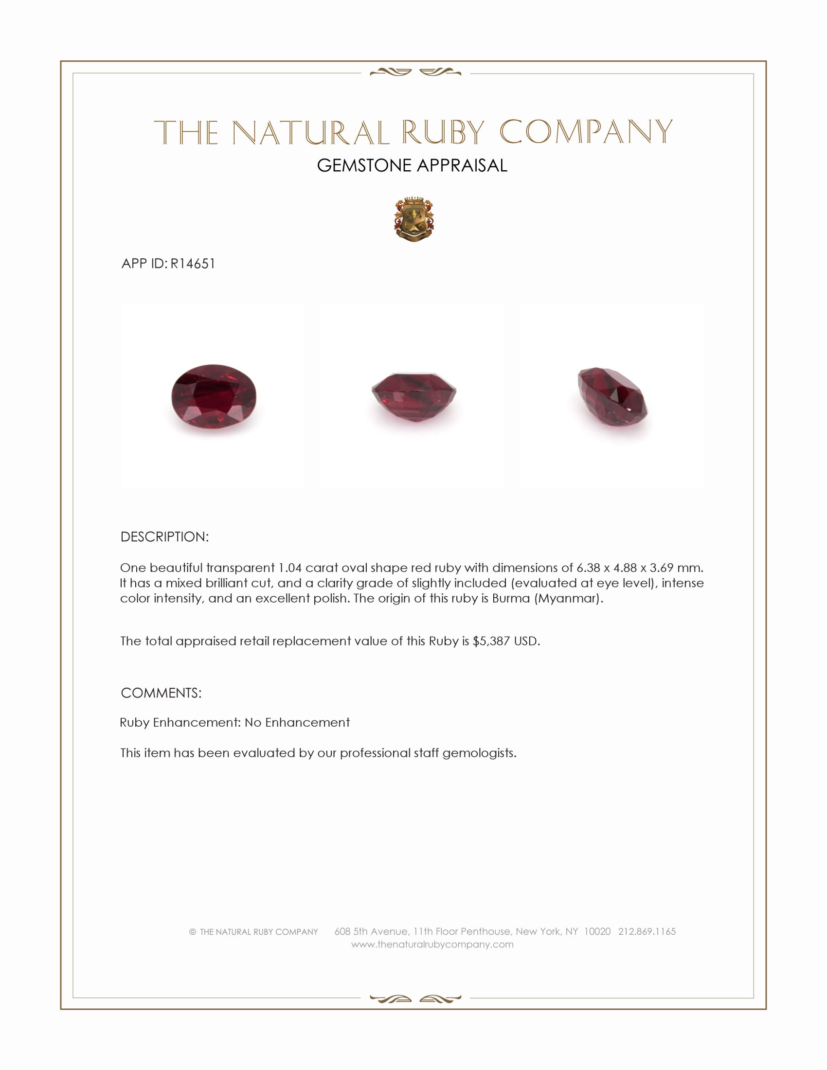 1.04 Ct. Ruby from Burma (Myanmar)