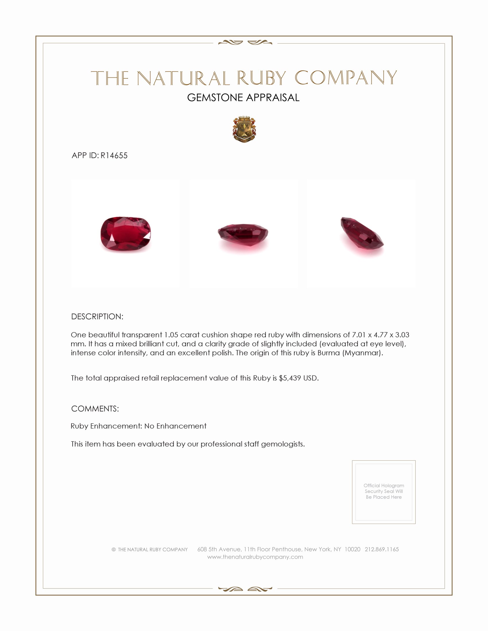 1.05 Ct. Ruby from Burma (Myanmar)