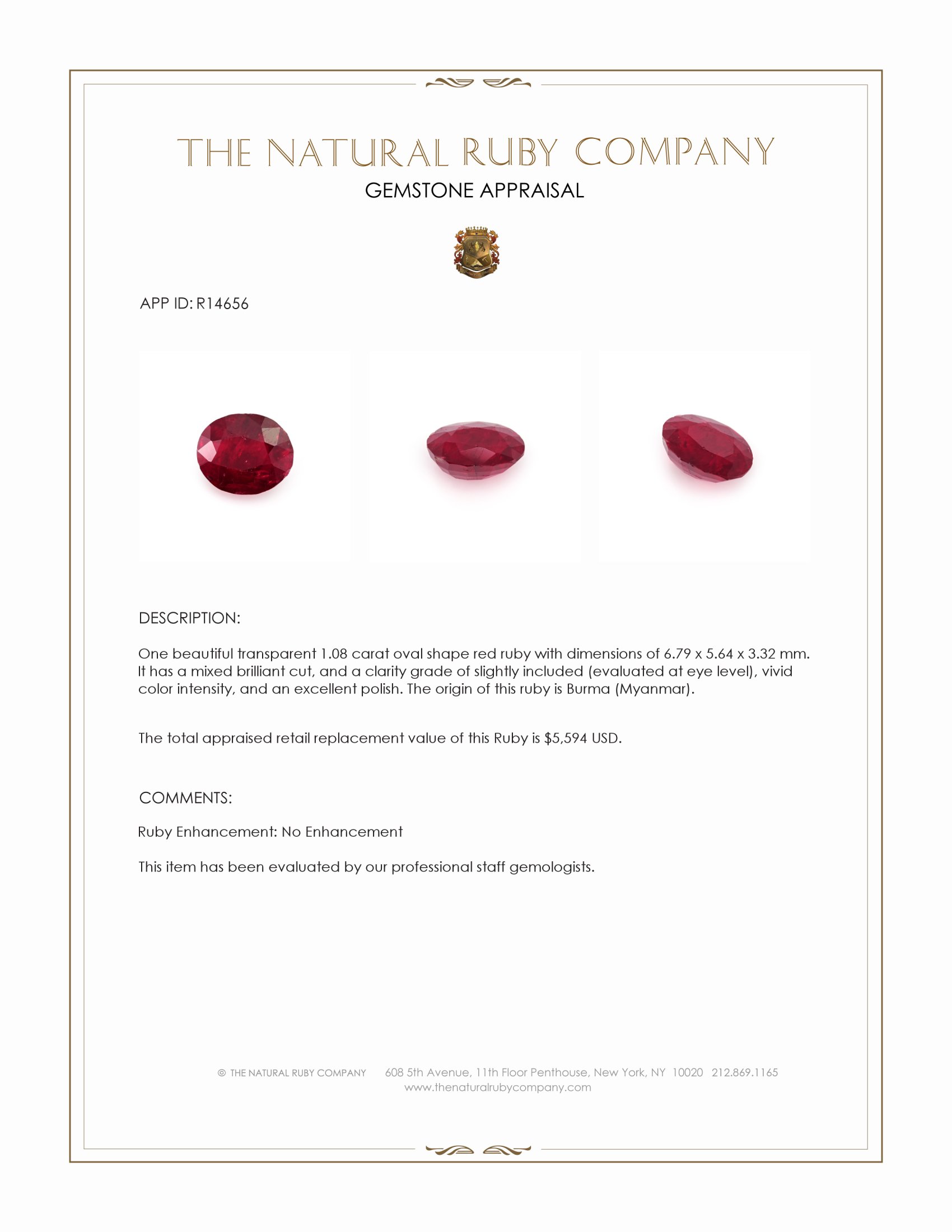 1.08 Ct. Ruby from Burma (Myanmar)