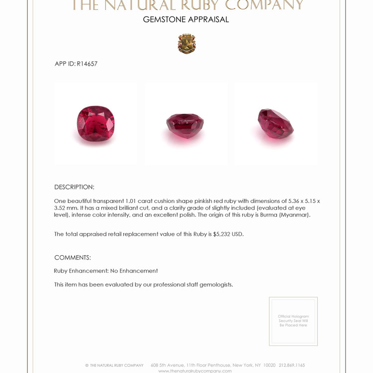 1.01 Ct. Ruby from Burma (Myanmar)