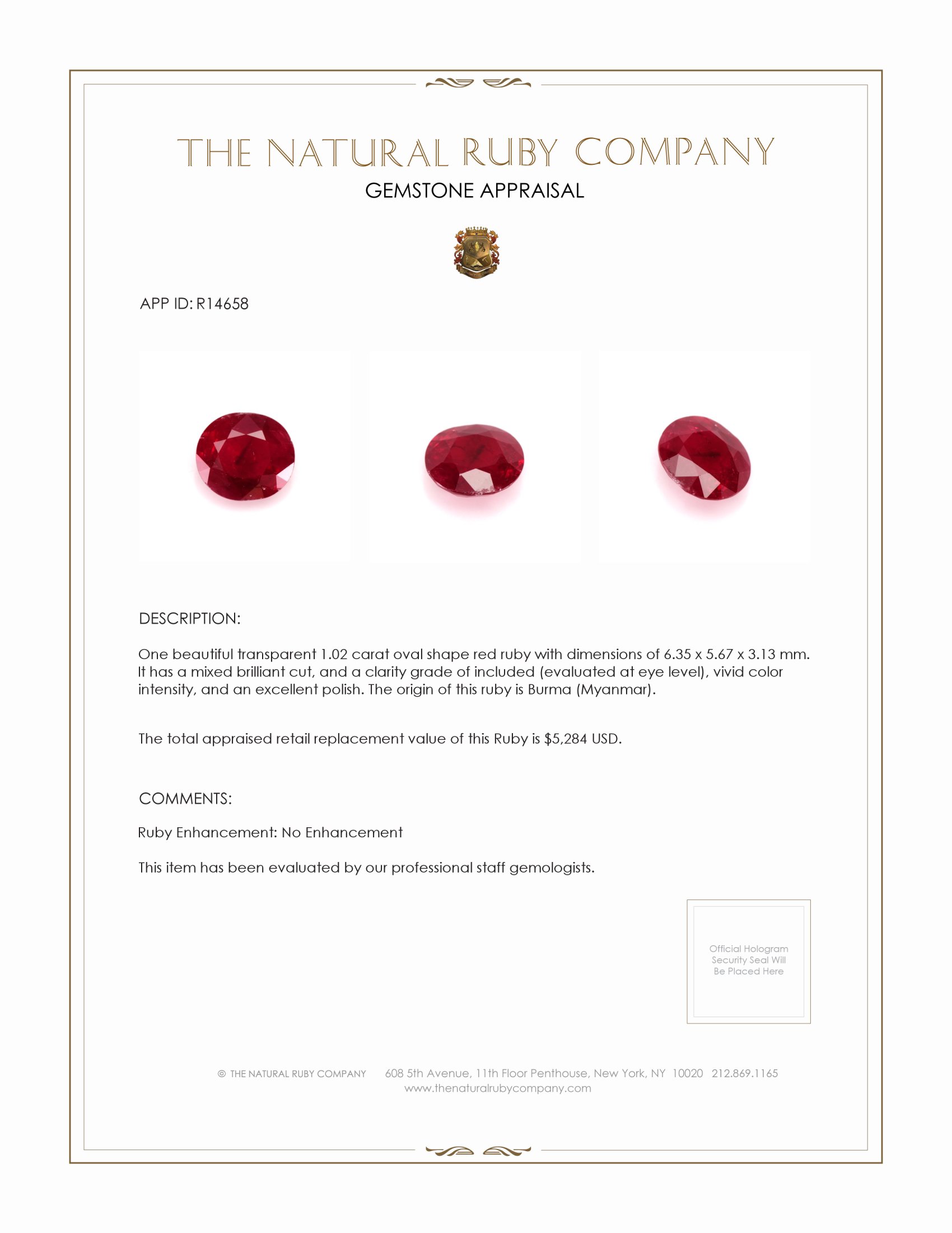 1.02 Ct. Ruby from Burma (Myanmar)