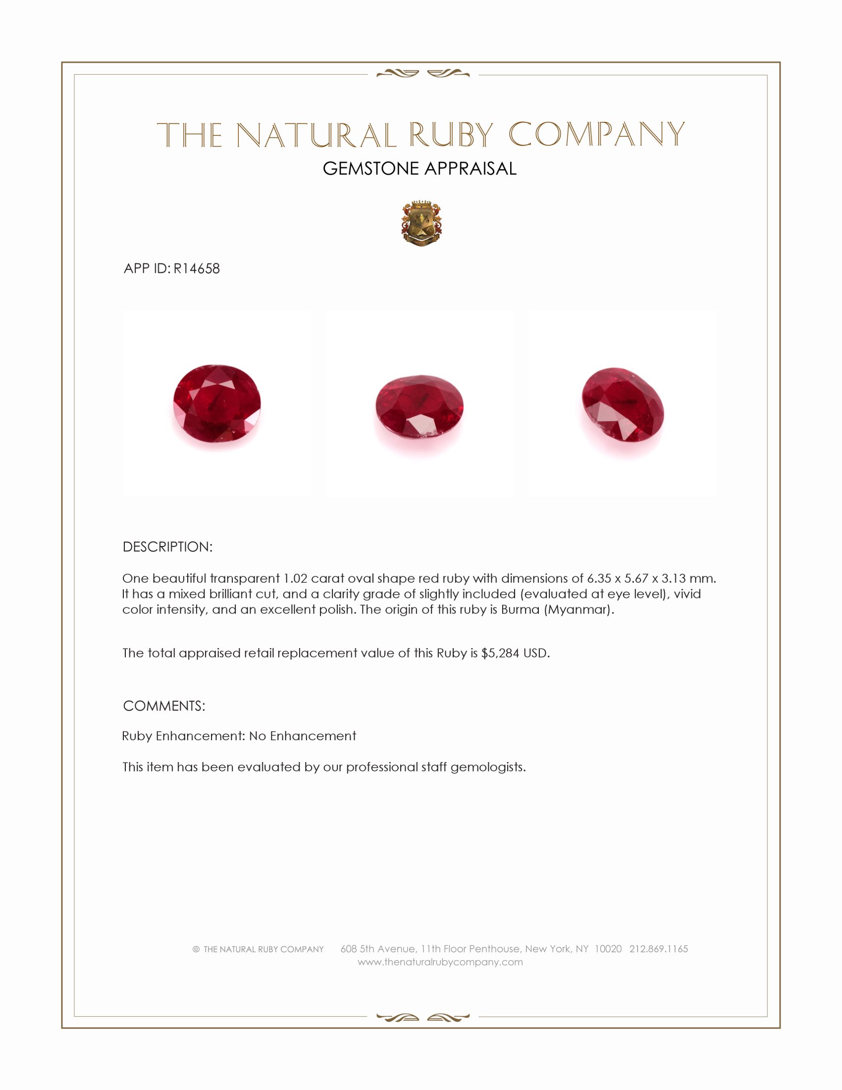 1.02 Ct. Ruby from Burma (Myanmar)