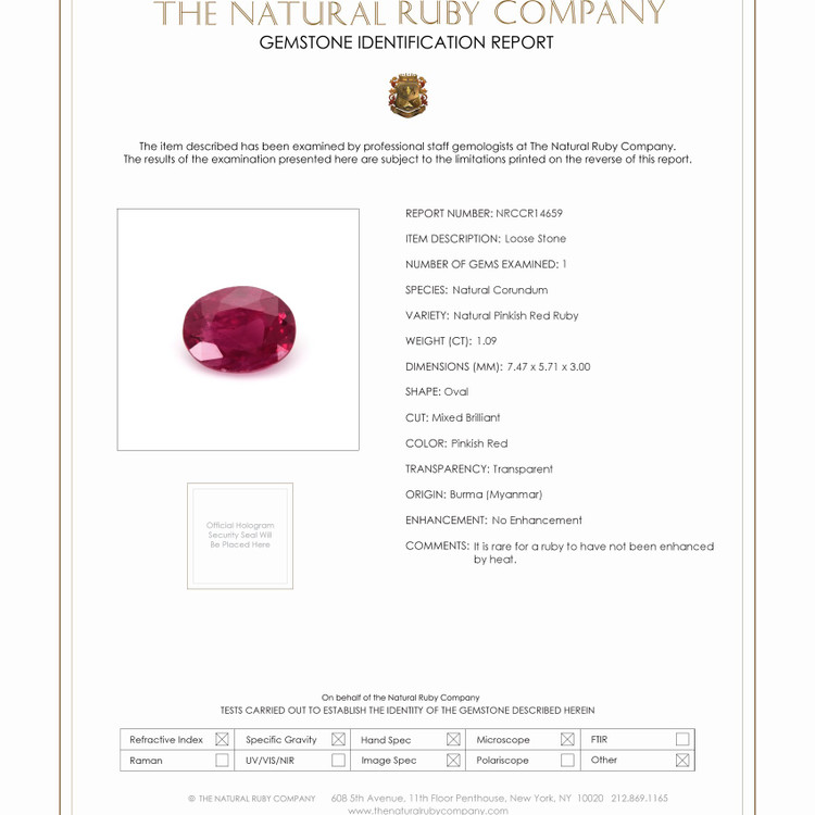 1.09 Ct. Ruby from Burma (Myanmar)