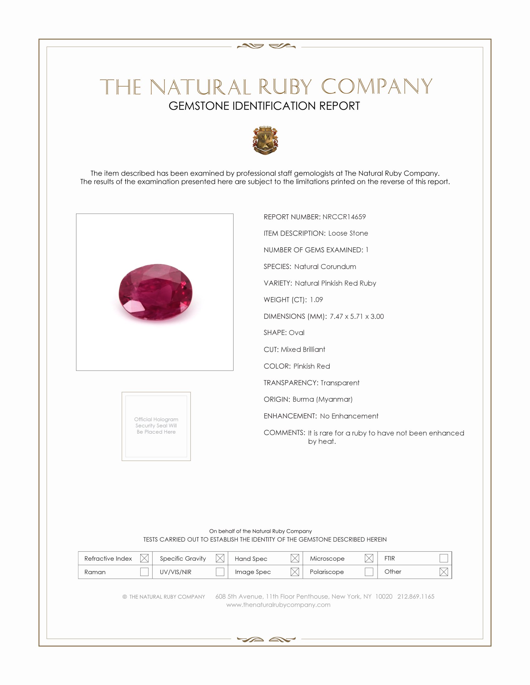 1.09 Ct. Ruby from Burma (Myanmar)