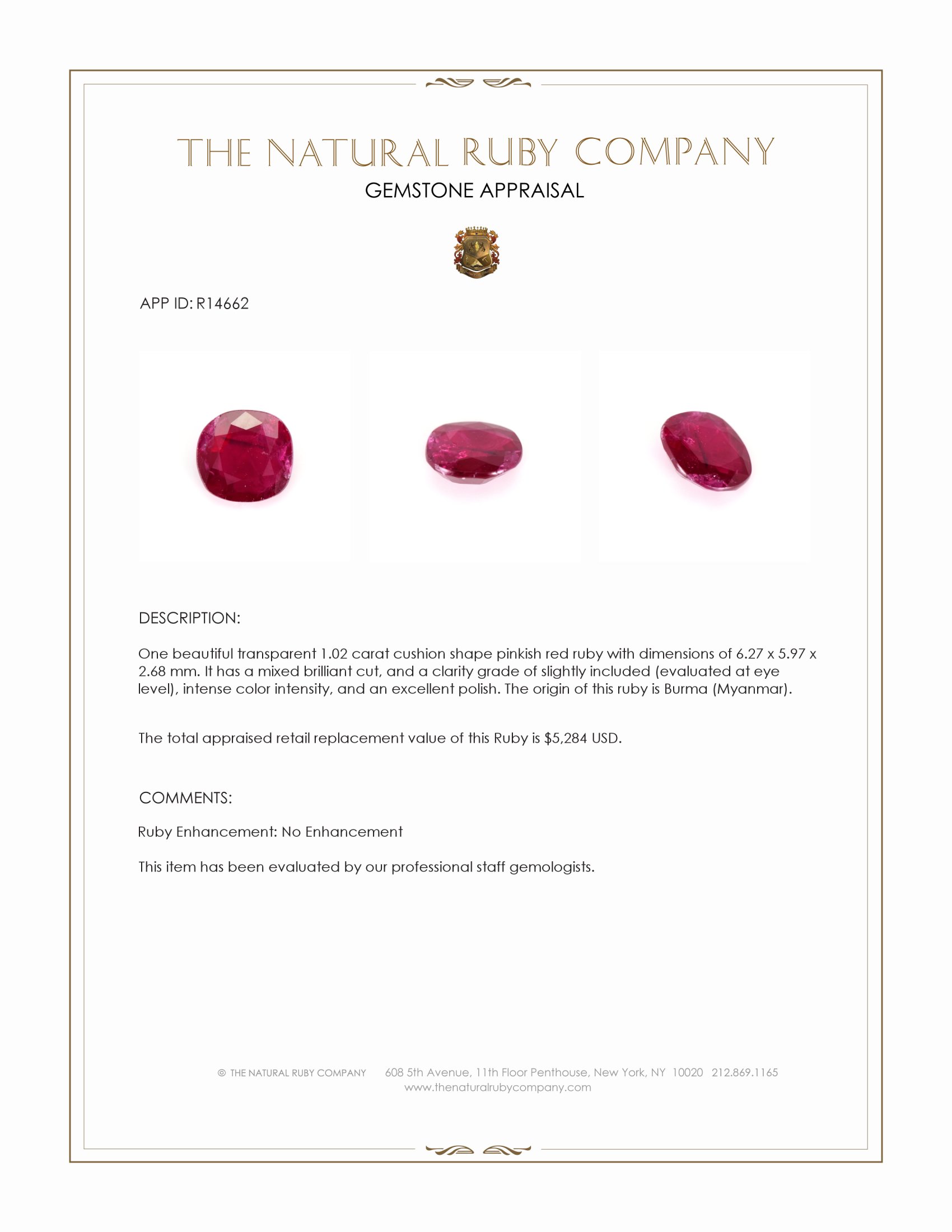 1.02 Ct. Pinkish Red Ruby from Burma (Myanmar)
