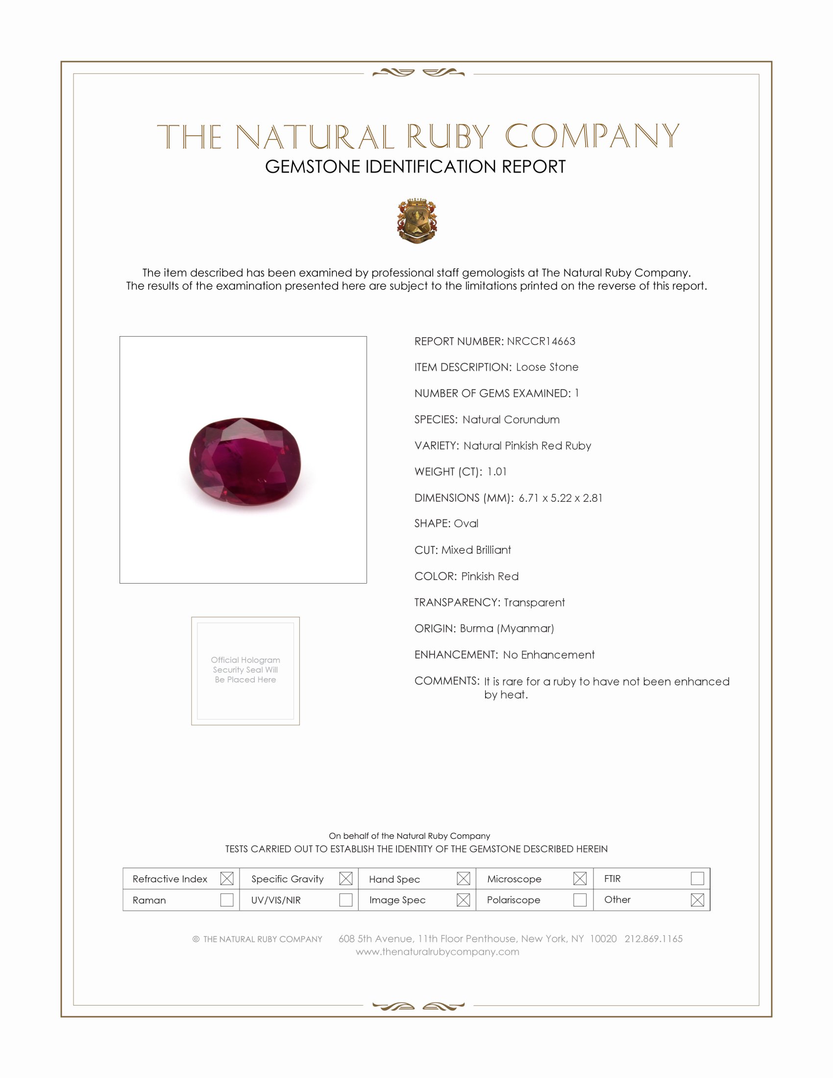 1.01 Ct. Pinkish Red Ruby from Burma (Myanmar)