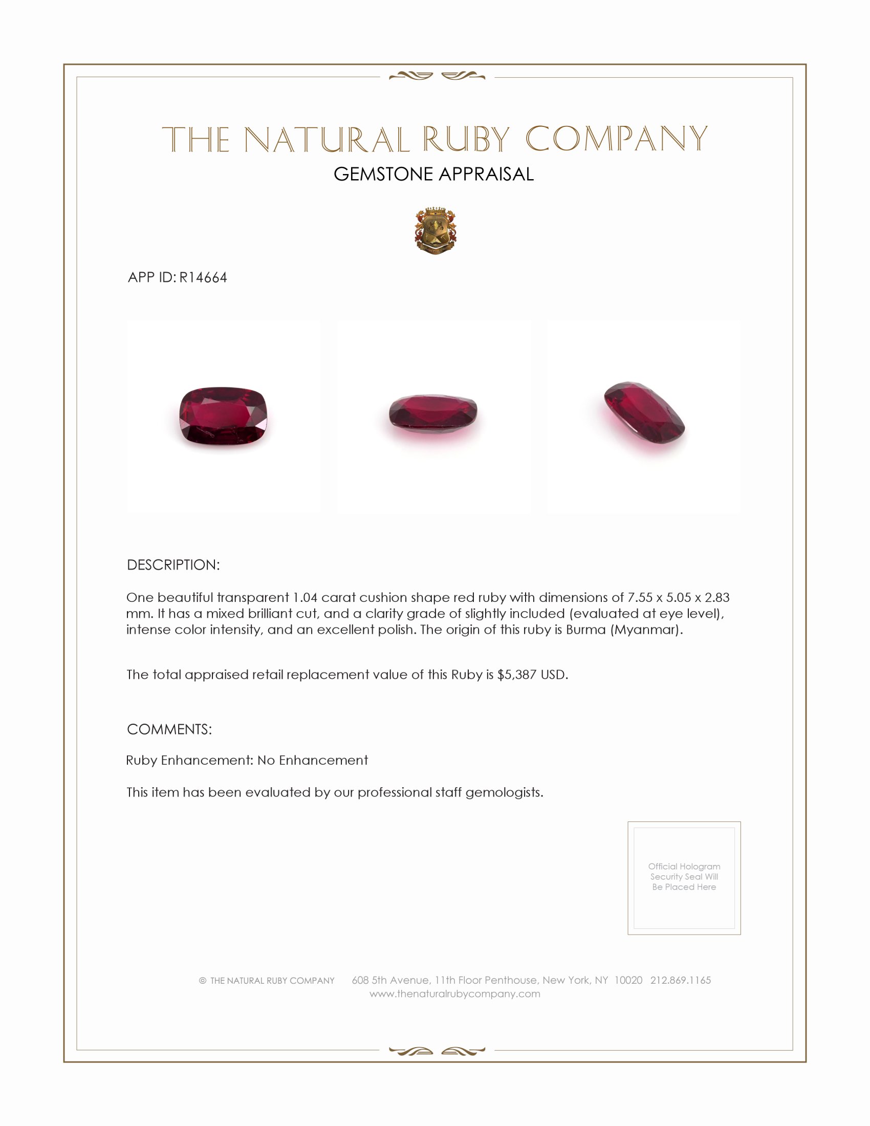 1.04 Ct. Ruby from Burma (Myanmar)