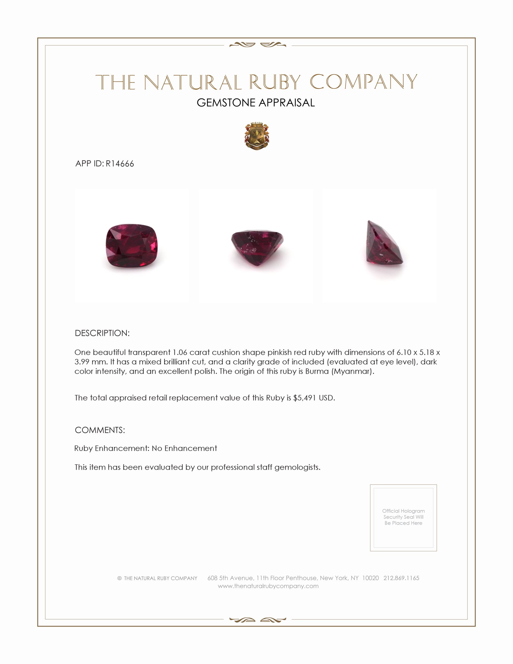 1.06 Ct. Ruby from Burma (Myanmar)