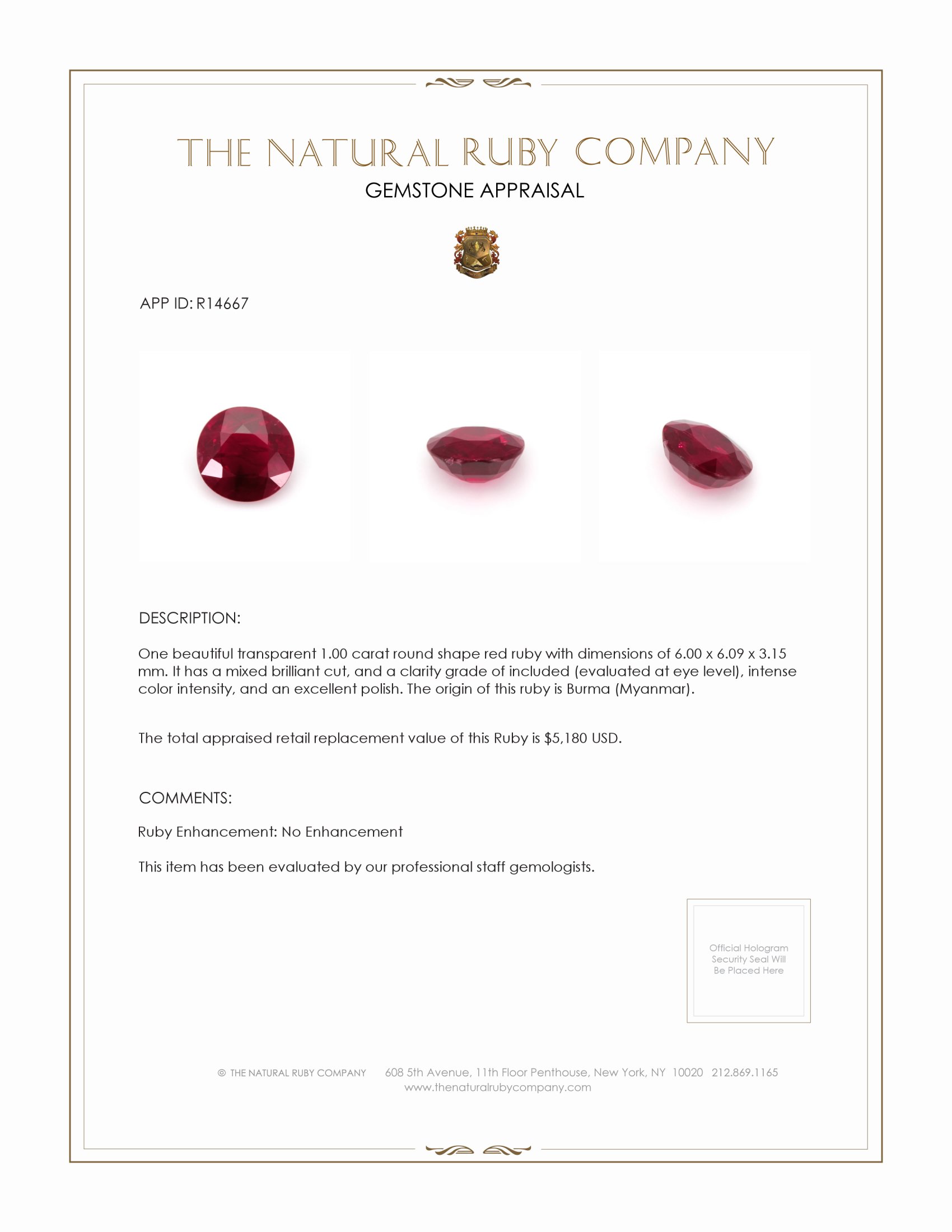 1.00 Ct. Ruby from Burma (Myanmar)