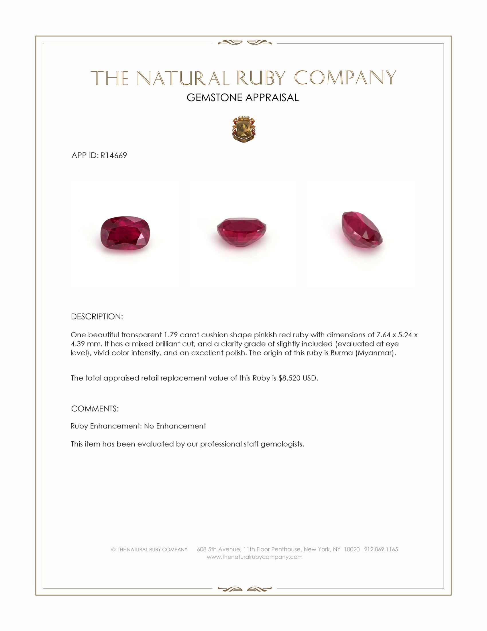 1.79 Ct. Ruby from Burma (Myanmar)