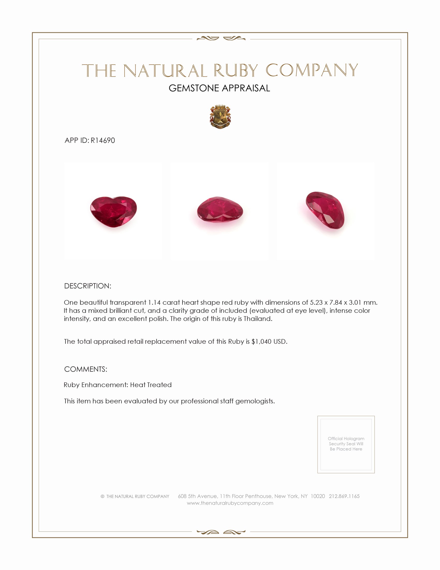 1.14 Ct. Ruby from Thailand