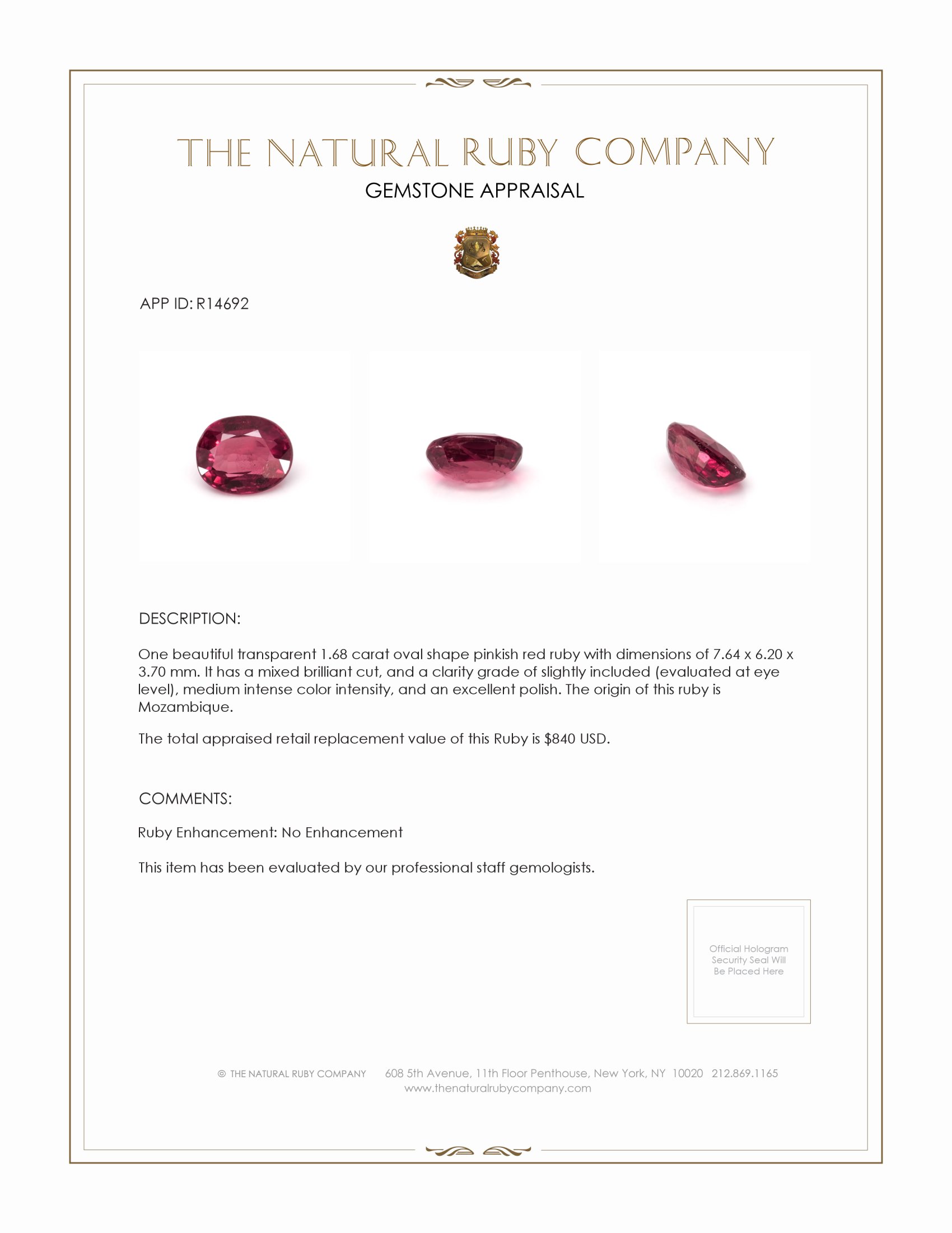 1.68 Ct. Ruby from Mozambique