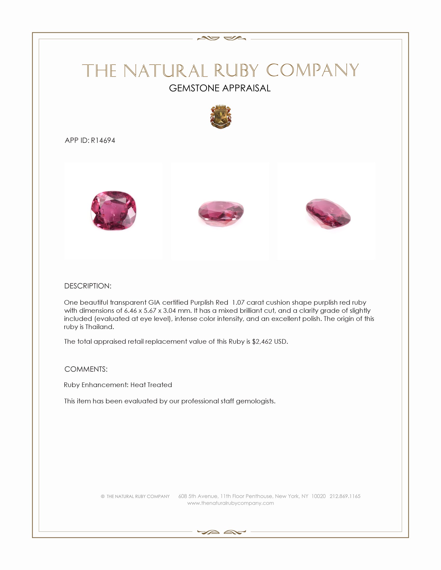 1.07 Ct. Purplish Red Ruby from Thailand