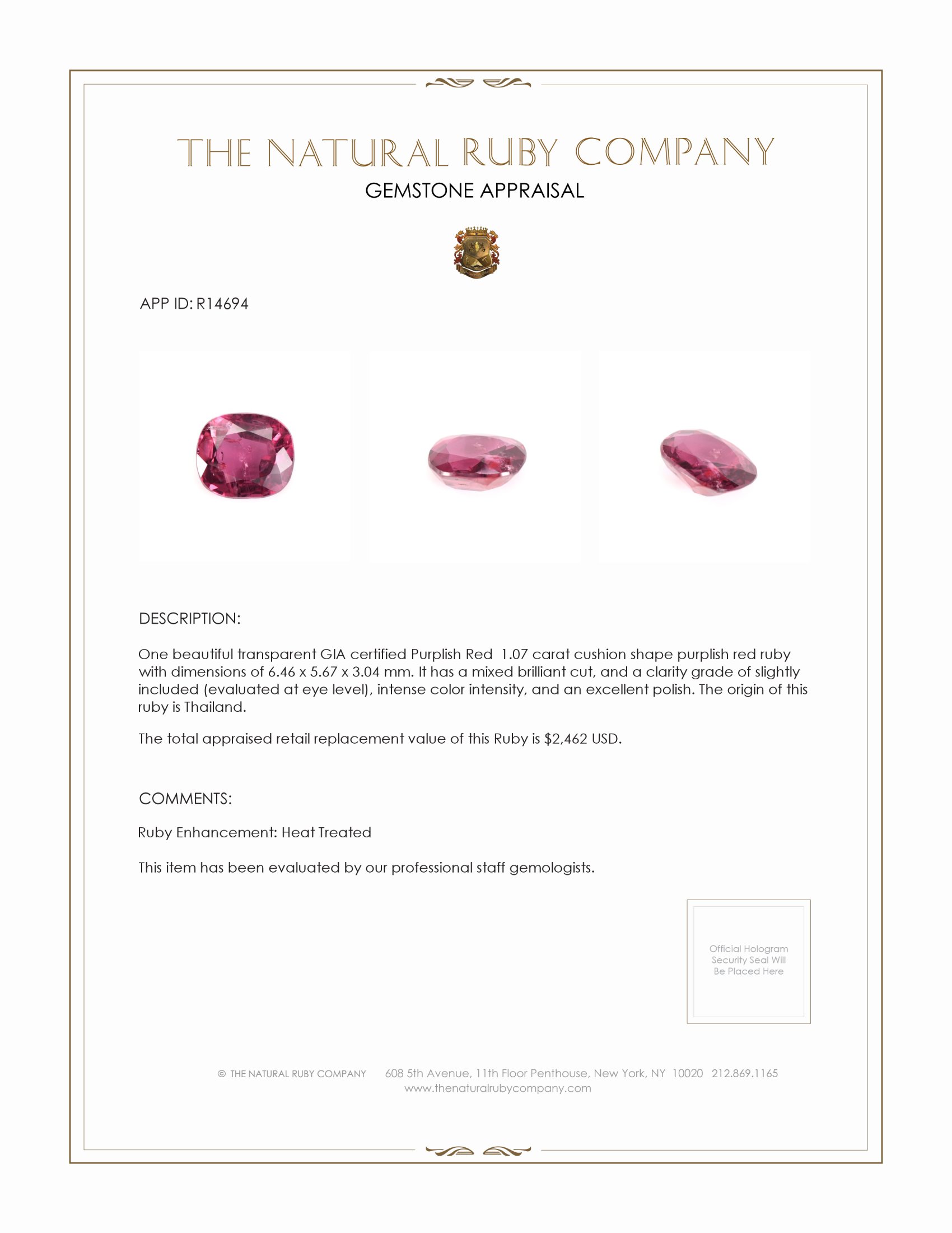 1.07 Ct. Ruby from Thailand