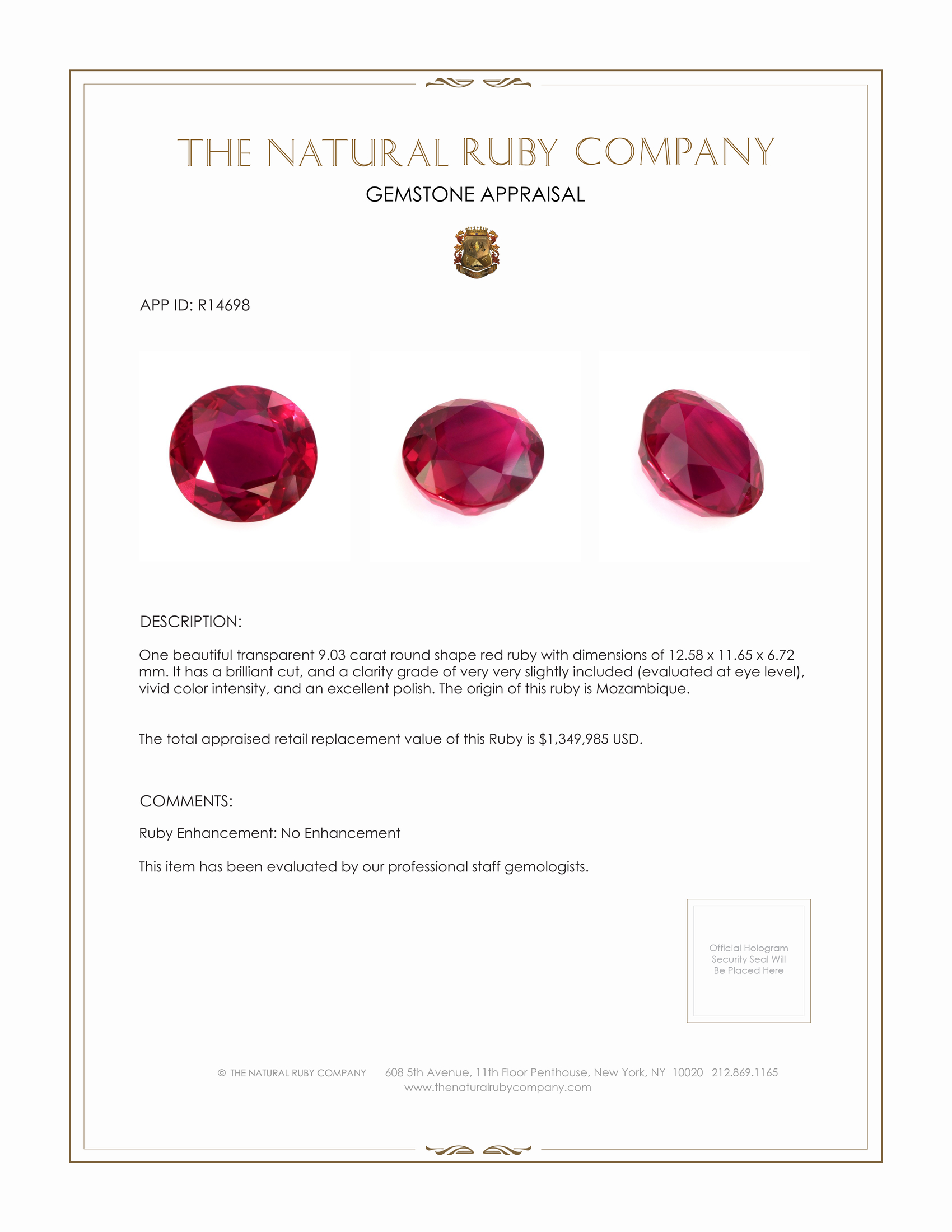 9.03 Ct. Ruby from Mozambique