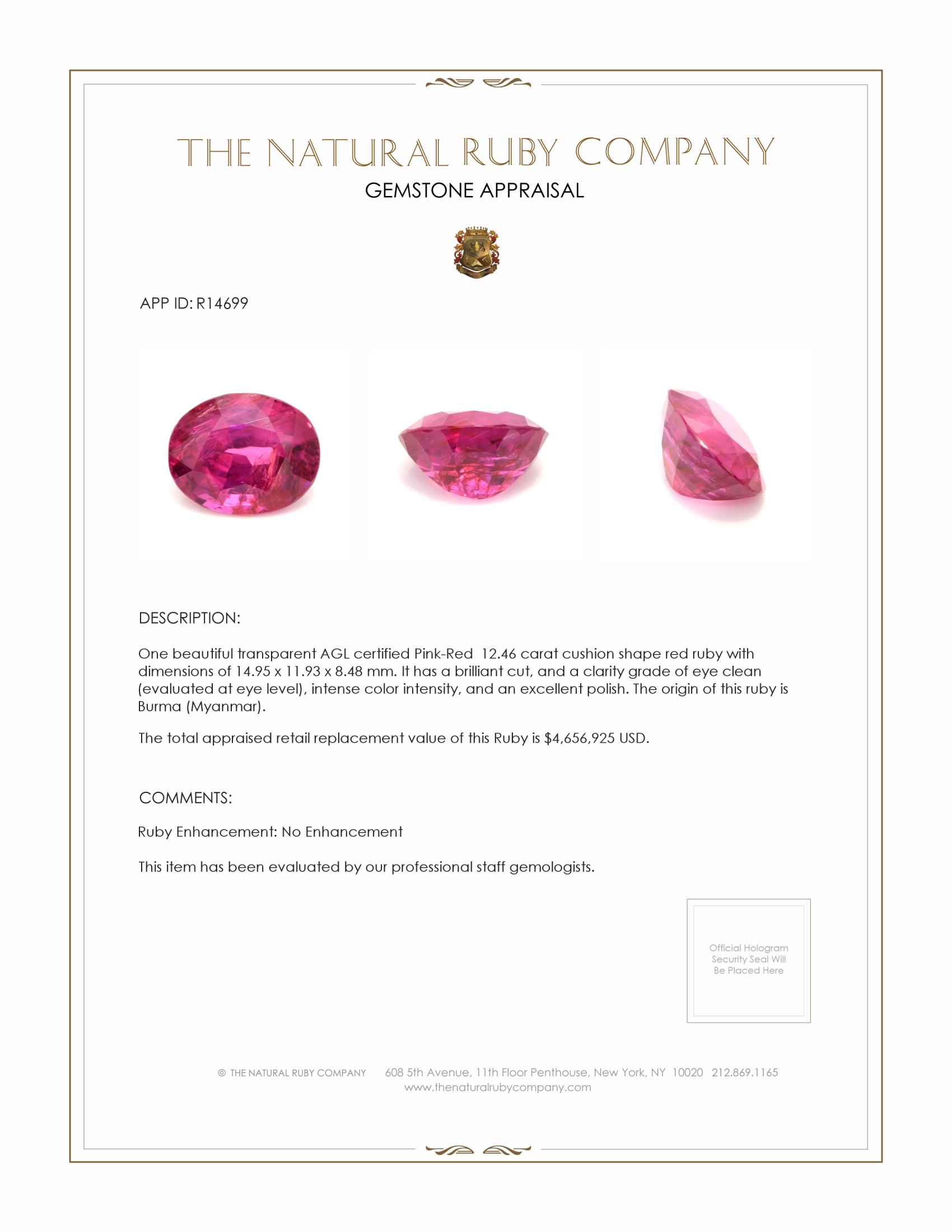 12.46 Ct. Ruby from Burma (Myanmar)