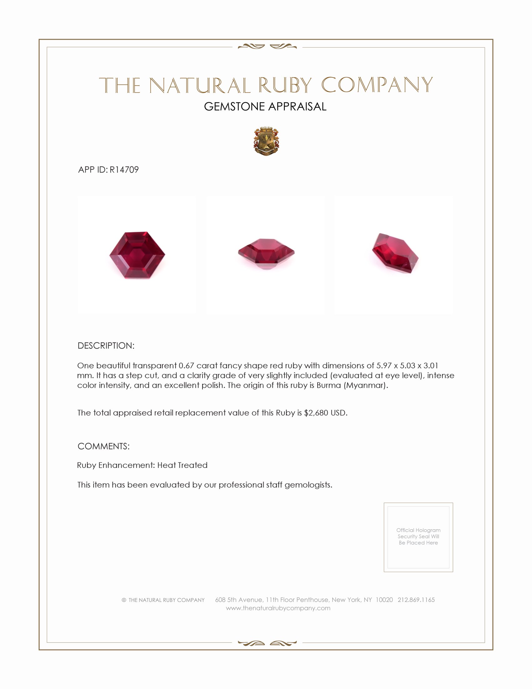 0.67 Ct. Ruby from Burma (Myanmar)