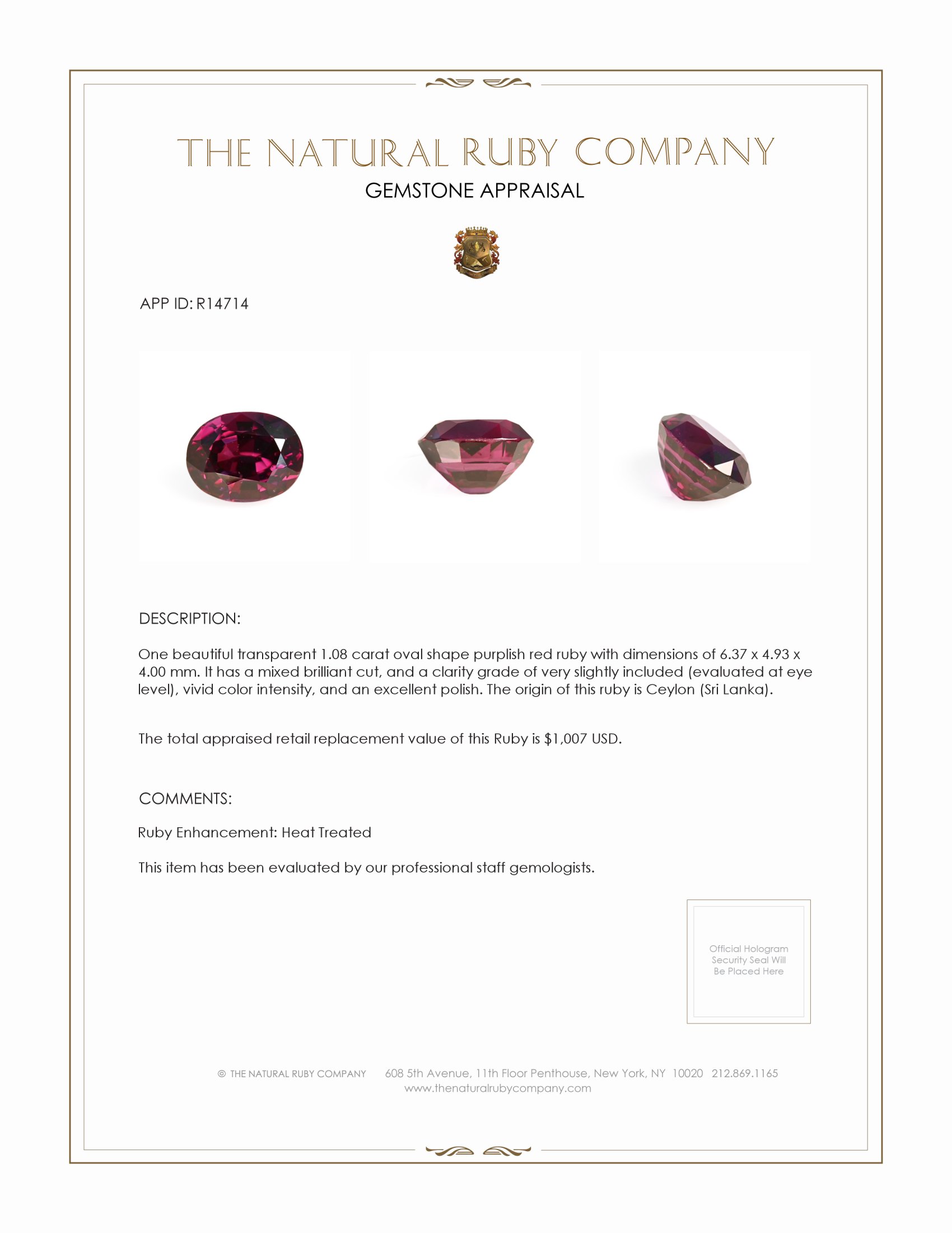 1.08 Ct. Ruby from Ceylon (Sri Lanka)